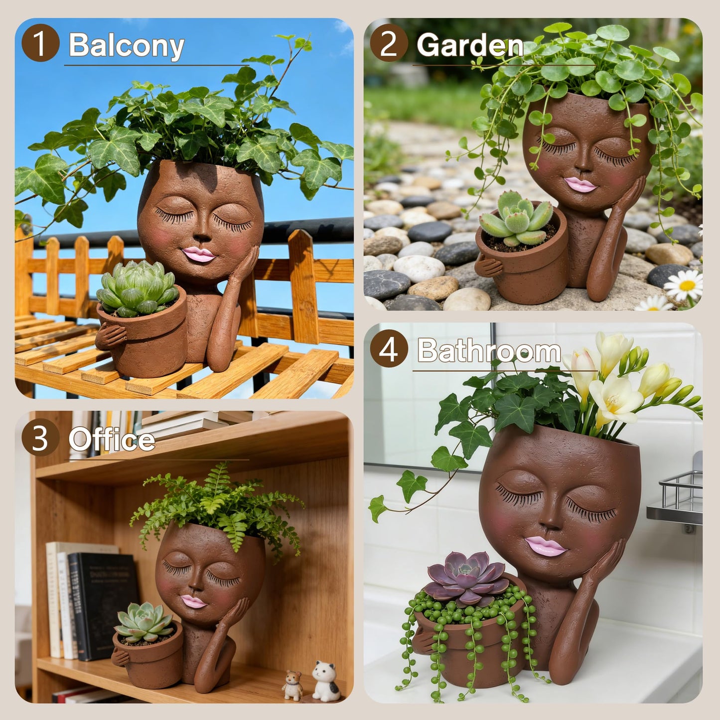ASDFG Face Double Plant Pot - Cute Succulent Head Planters Indoor Outdoor Decor, Resin Flower Pots with Drainage Hole, Unique Ideal Present, Gifts for Women/Mother