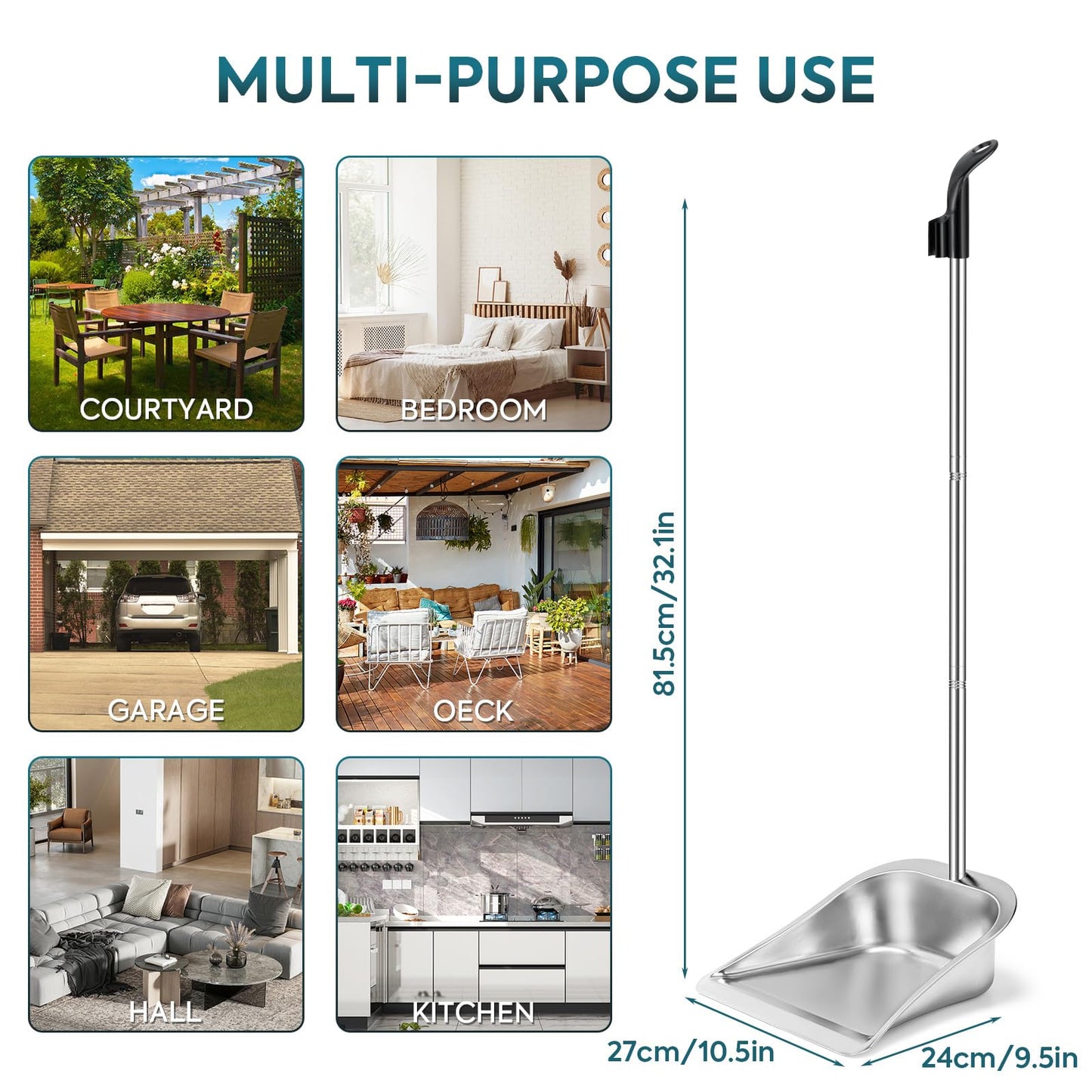 Yangbaga Dust Pans with Long Handle - 35”Heavy Duty Metal Upright Stand Up Dustpan - Long Handled Stand Up Dustpans - Best Dustpans for Home/Lobby/Shop/Garage/Yard