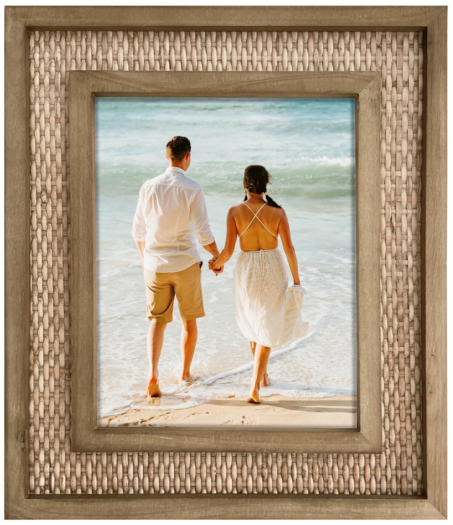 Fairwood Way Rattan Frame for 8x10 Photos, EACH UNIQUE Natural Fir Wood, Handwoven Rattan Mat, Boho Picture Frame, 8x10 picture frame for Wall/Table Mount (12.5" x 14.5" Outer), Coastal Decor