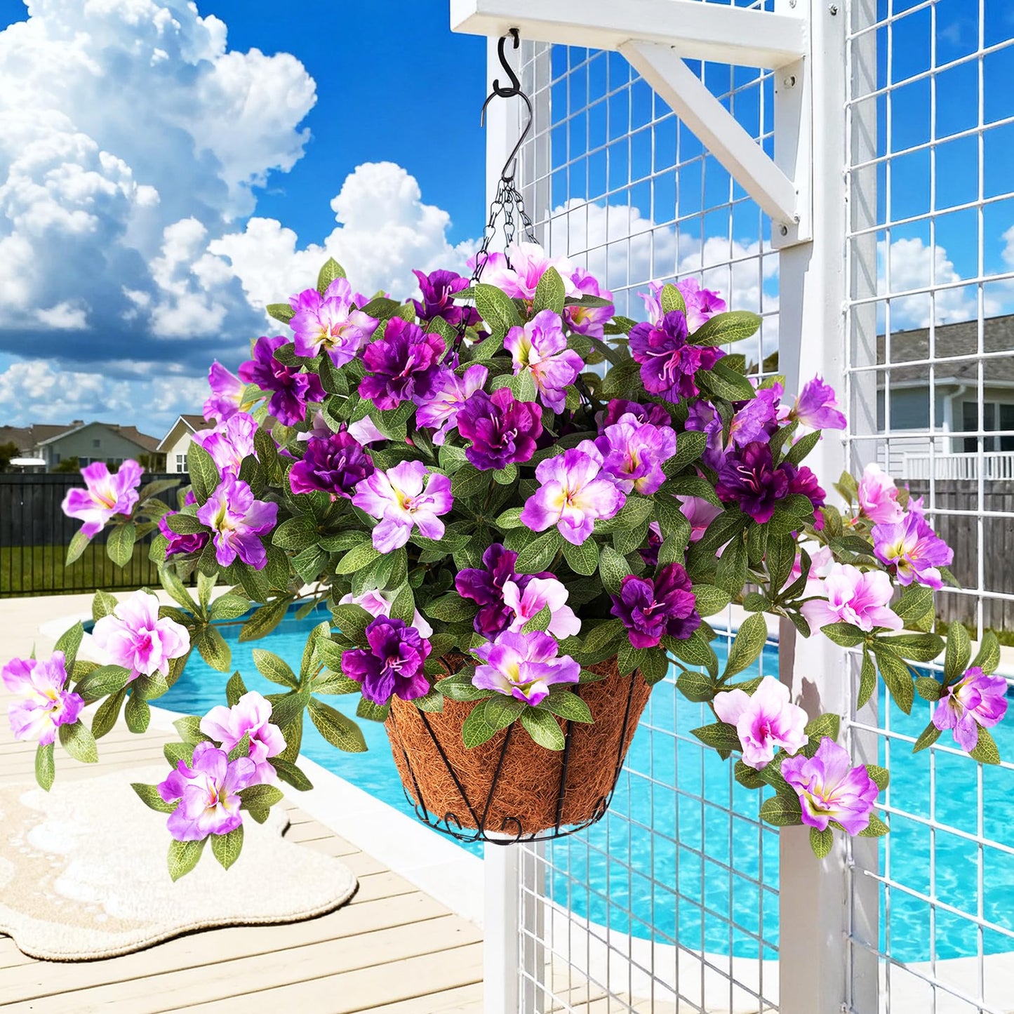 Ammyoo Artificial Hanging Flowers for Outdoors Hanging Baskets, 3 Pcs Fake Silk Flower with Hanging Baskets Planter for Spring Summer Garden Porch Patio Yard Outside Decor