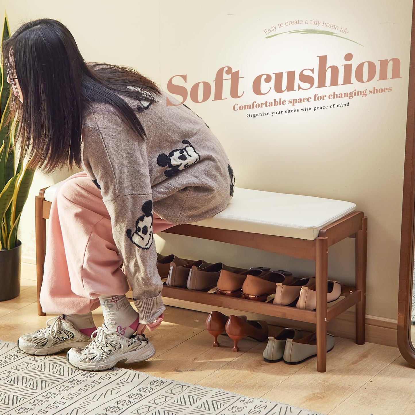 STDDRE Shoe Rack Bench Entryway Bamboo Shoe Storage Bench with Leather Cushion 2 Tiers Shoe Rack Entryway Bench for Hallway, Living Room,Bedroom(Beige Bench top+Brown Frame)