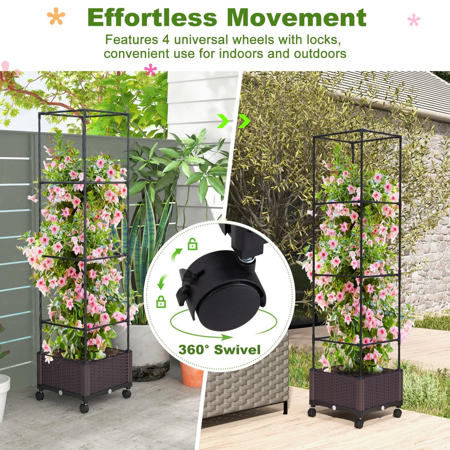 Giantex Raised Garden Bed with Tomato Cages, 67” Adjustable Height, Self Watering Planter Garden Box with Wheels, Trellis for Climbing Plants Vegetable Flower