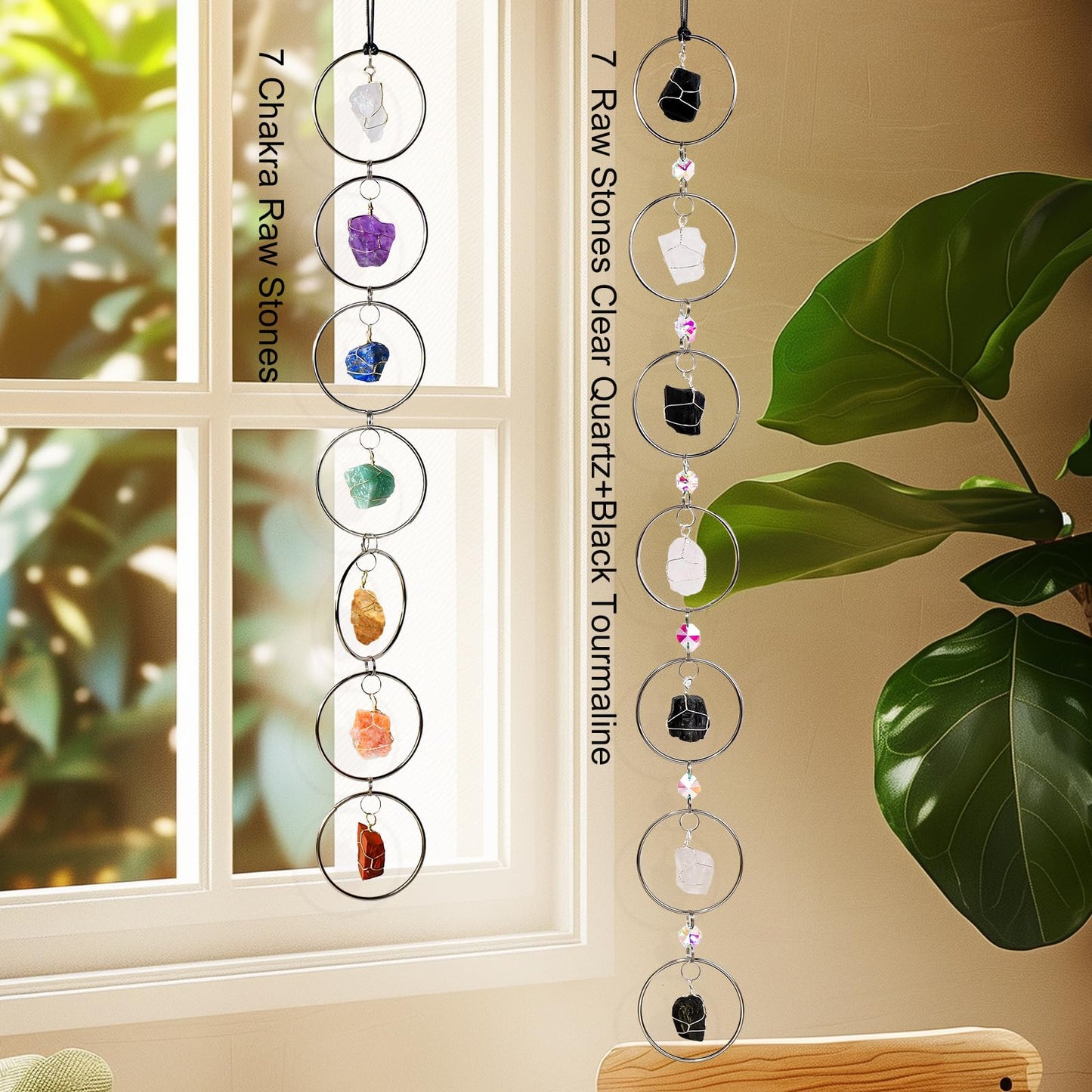 Black Tourmaline Natural Gemstone Wall Hanging - Round Crystal Sun Catcher for Windows, Boho Spiritual Home Decor, Healing Energy Ornament & Unique Gift for Women (Silver)