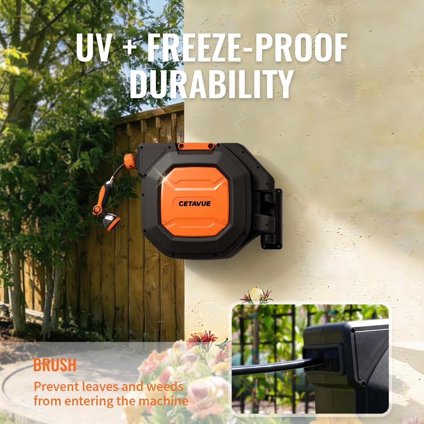 CETAVUE Retractable Garden Hose Reel 5/8 inch x 100 ft,Wall Mounted Heavy Duty Garden Hose Reel with 180°Swivel Bracket,Upgraded 10 Pattern Nozzle/Slow Return System(Black)