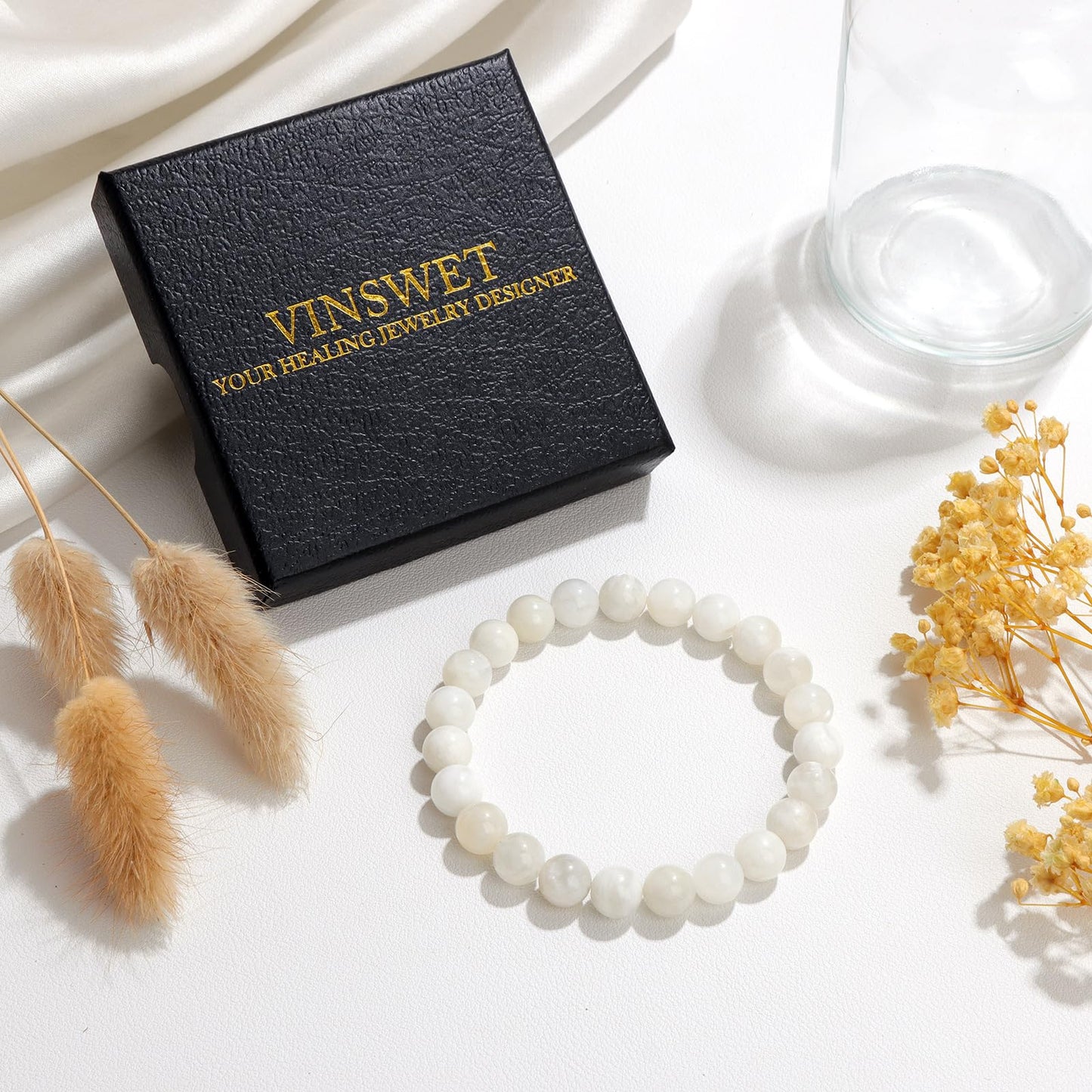 Vinswet Healing Crystal Bracelets for Women Men 8mm Moonstone Natural Stone Beaded Stretch Bracelet Handmade Gemstone Reiki Spiritual Jewelry Gifts