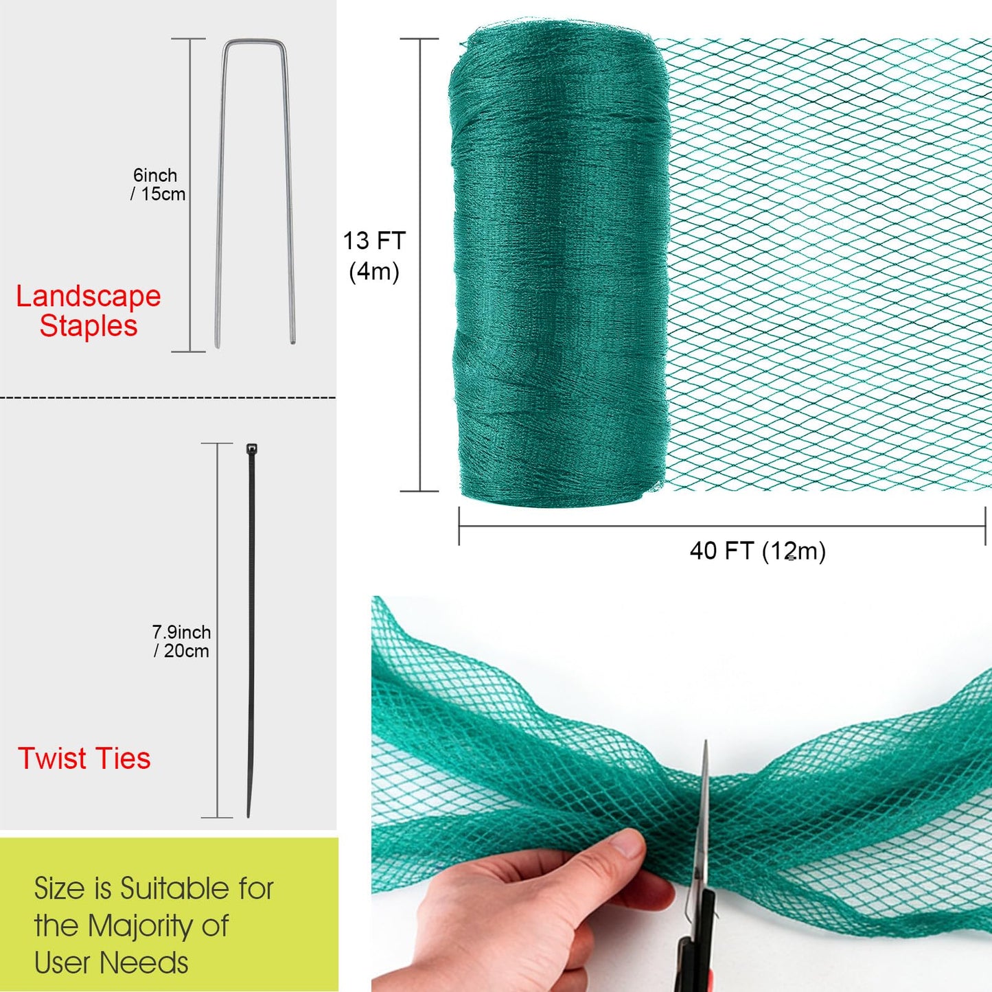 Bird Netting for Garden Protection, 13 x 40 FT Heavy Duty Garden Netting with Ties and Landscape Staples for Vegetable, Fruit Trees & Other Plants Against Birds Deer Squirrels and Poultry
