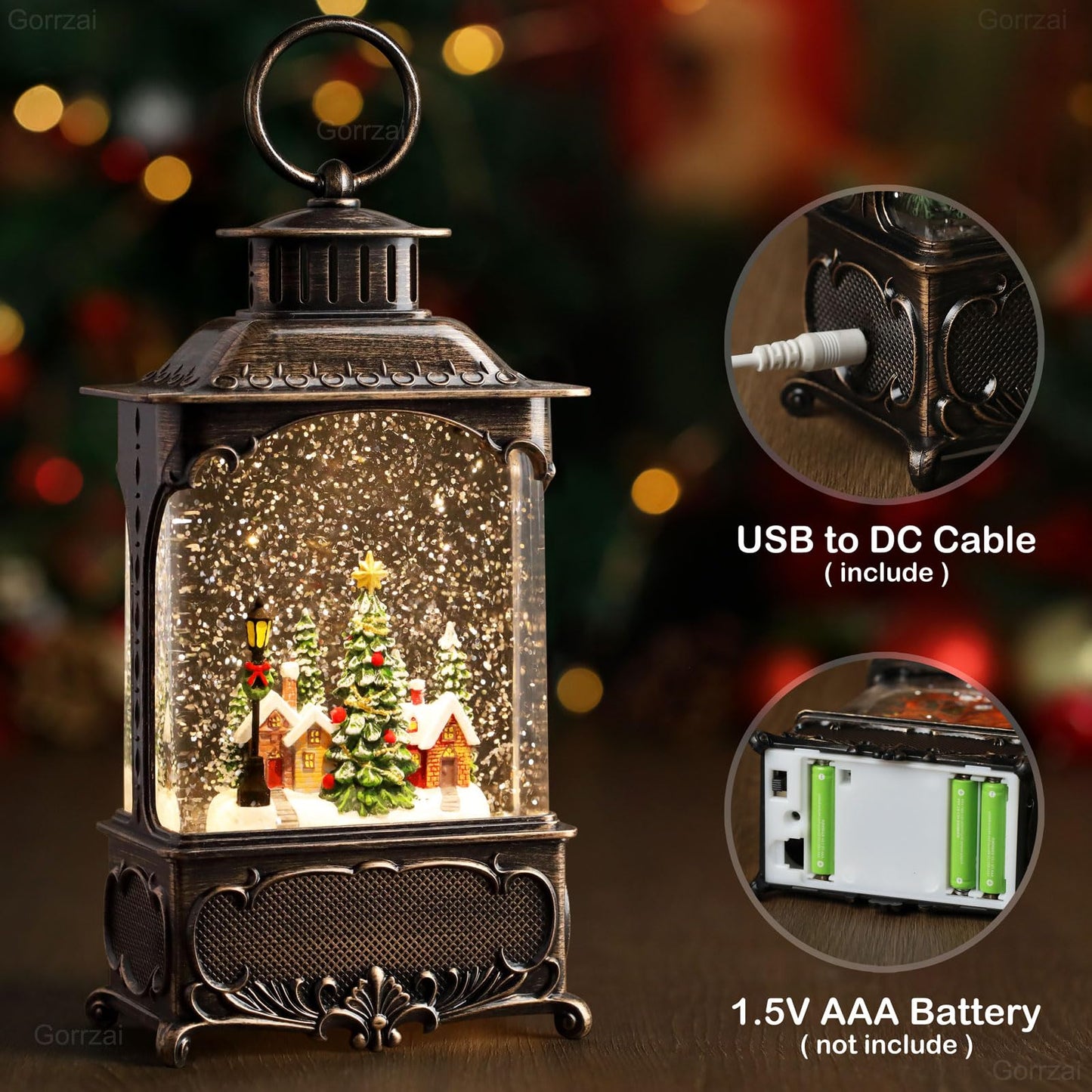 Gorrzai Christmas Snow Globe Lantern with Music Timer Swirling Glitter, Lighted Christmas Decorations Indoor Light Up Musical Lantern Holiday Decor Gift, Forest House Scene, USB or Battery Operated