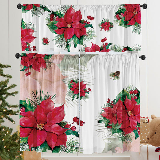 Deztibos Christmas Poinsettia Curtain Valances Set - Upper & Lower Curtains, 52'' L x 18'' W & 36'' L x 26'' W, Kitchen Windows Decor, 3 Piece Set, Red