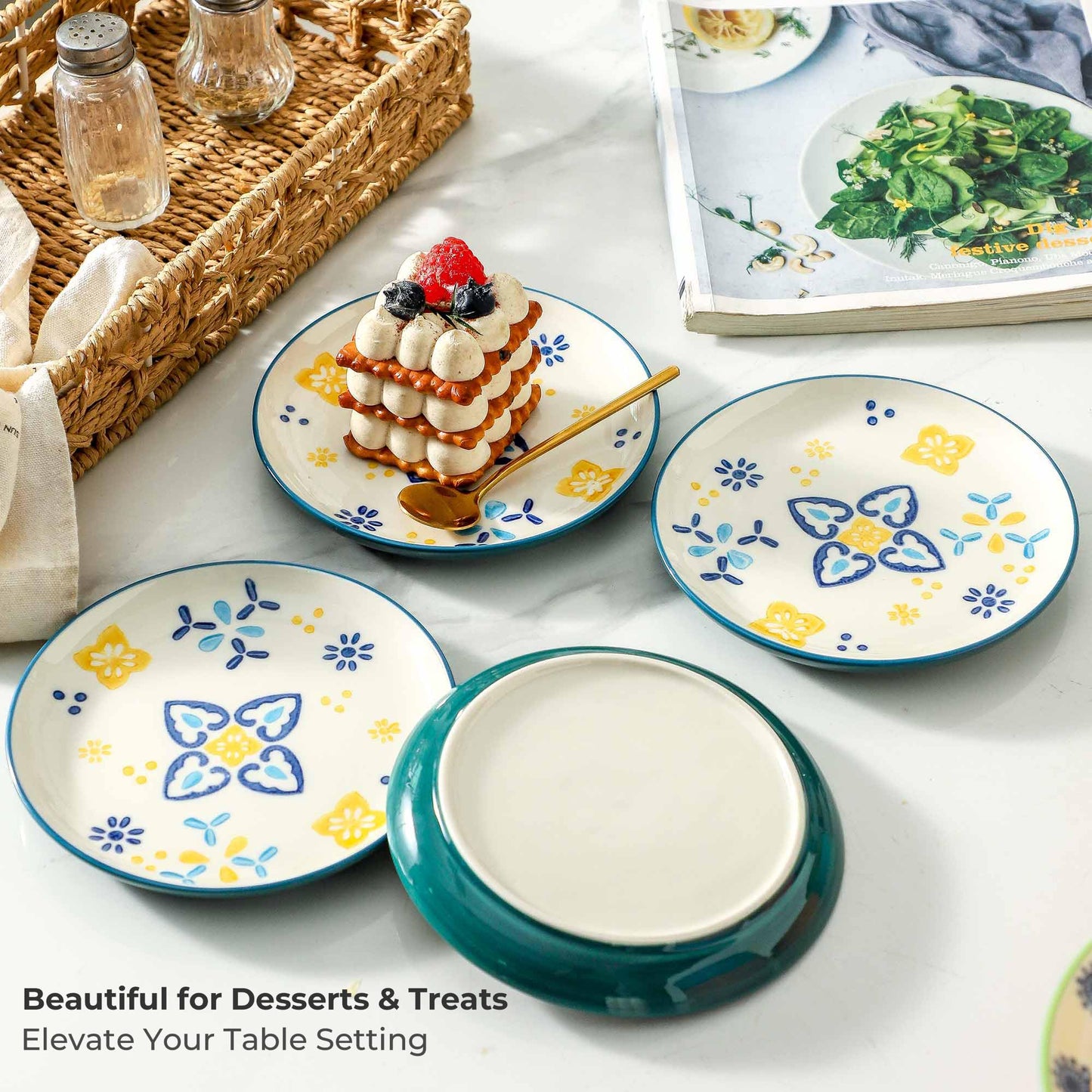 UniqueLife Hand-Painted 6 Inch Dessert Plates Set of 6, Mixed Design Ceramic Appetizer Snack Salad Plates, Microwave Dishwasher Oven Safe Small Plates for Cake Bread Fruit, Gift-Ready -Mixed