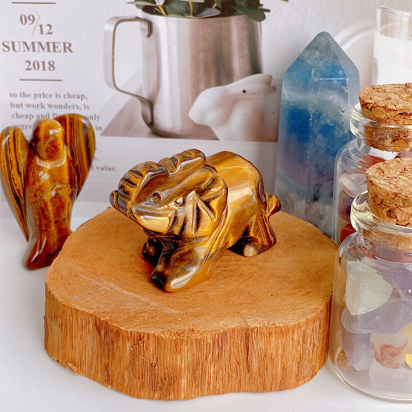 QINJIEJIE Tiger Eye Elephant Crystals Elephant Decor Healing Crystal Statue Pocket Polished Guardian Stones Figurine Office Room Cute Desk Gem Decor Spiritual Gift Christmas Meditation