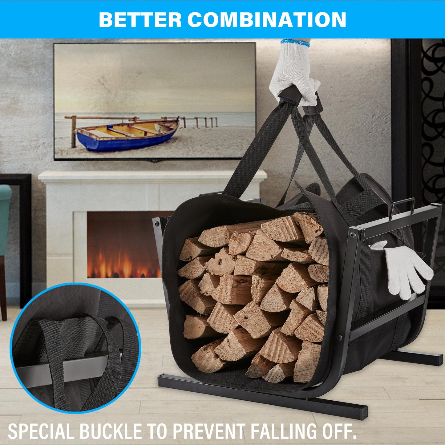 NBTORCH Firewood Carrier, Canvas Wood Carrier for Firewood, Waterproof & Heavy Duty Log Carrier Bag with Handle, 2PK Wood Tote Bags for Fireplace, Camping, Home, Outdoor and Fire Stove (Black)