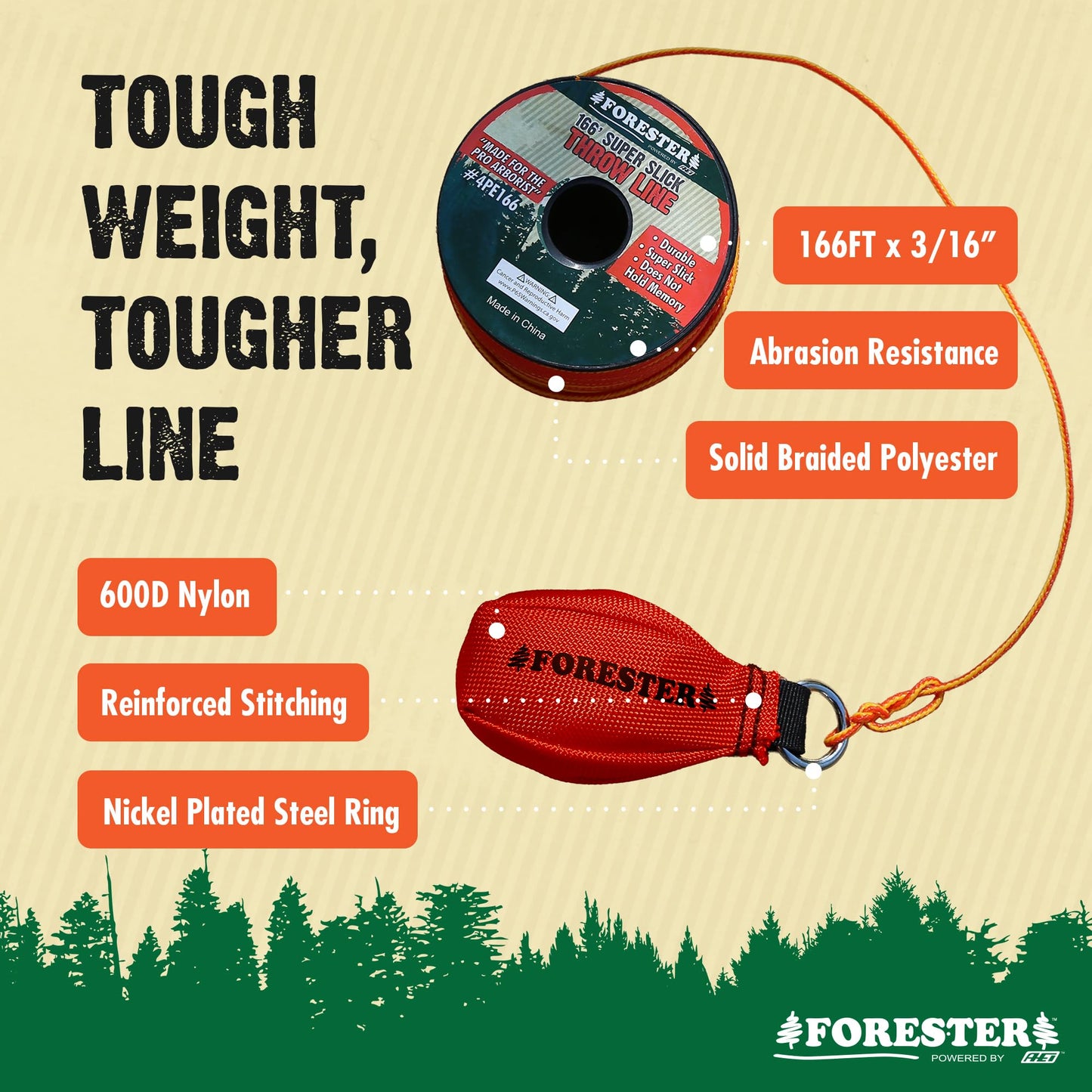FORESTER Arborist Throw Line Kit | 11oz Throw Weight & 166ft Rope | Ultra Slick 100% Polyester Rope | Arborist Equipment For Tree Climbing