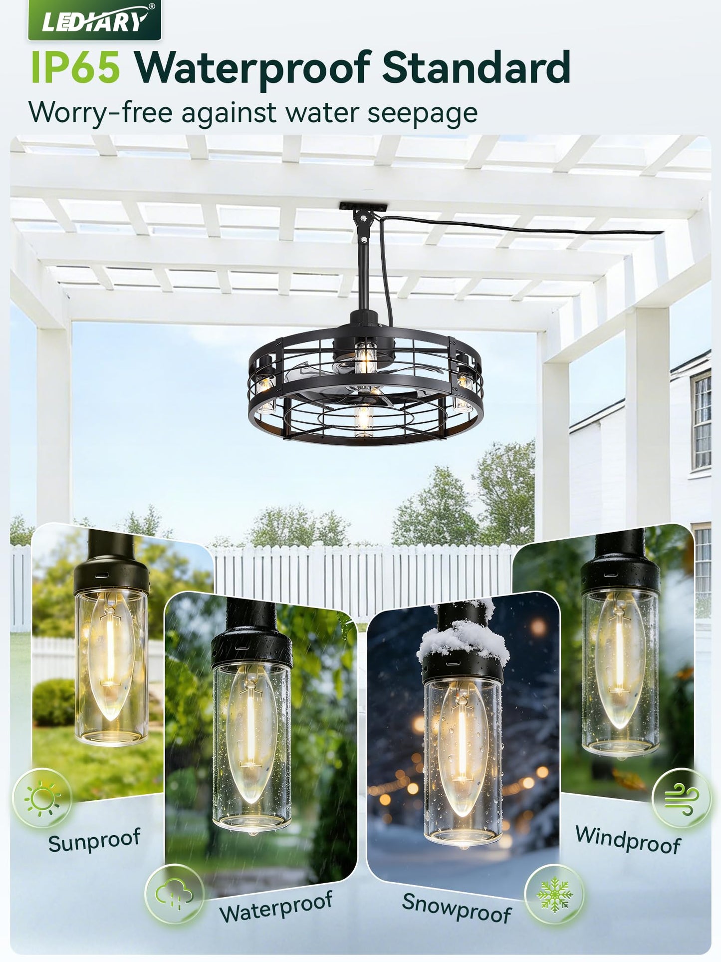LEDIARY 22" Outdoor Ceiling Fans with Light, Waterproof Gazebo Fan with Hanging Hook, Plug in Ceiling Fan with Remote,Caged Ceiling Fan with 6 Speed Timer for Patio, Porch, Pergola, Black