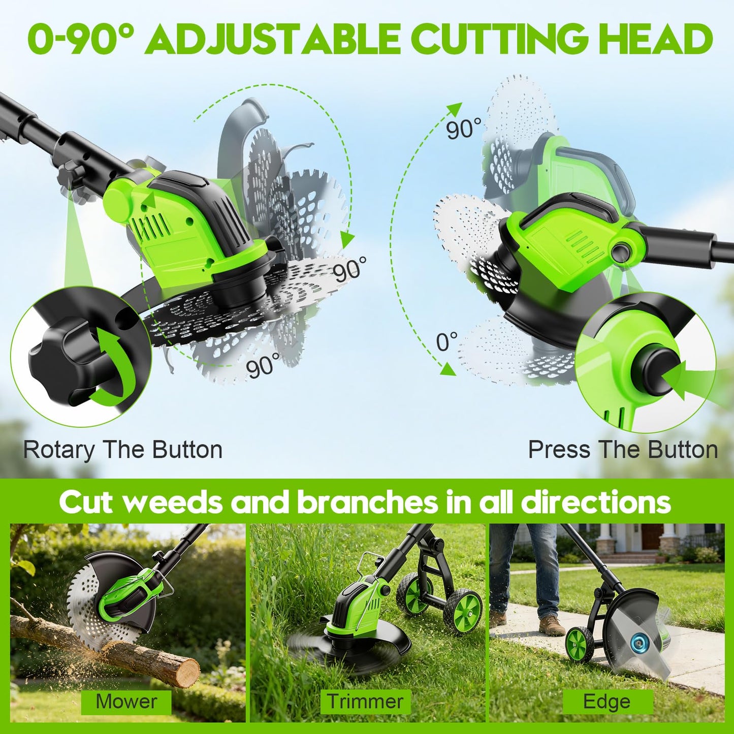 20000 RPM Electric Weed Wacker Cordless, 12″ Brushless Weed Eater Battery Powered with Wheel, 4-in-1 Grass Trimmer/Brush Cutter/String Trimmer, Lawn Mower Edger Stringless Weed Trimmer, 2 Battery Tool