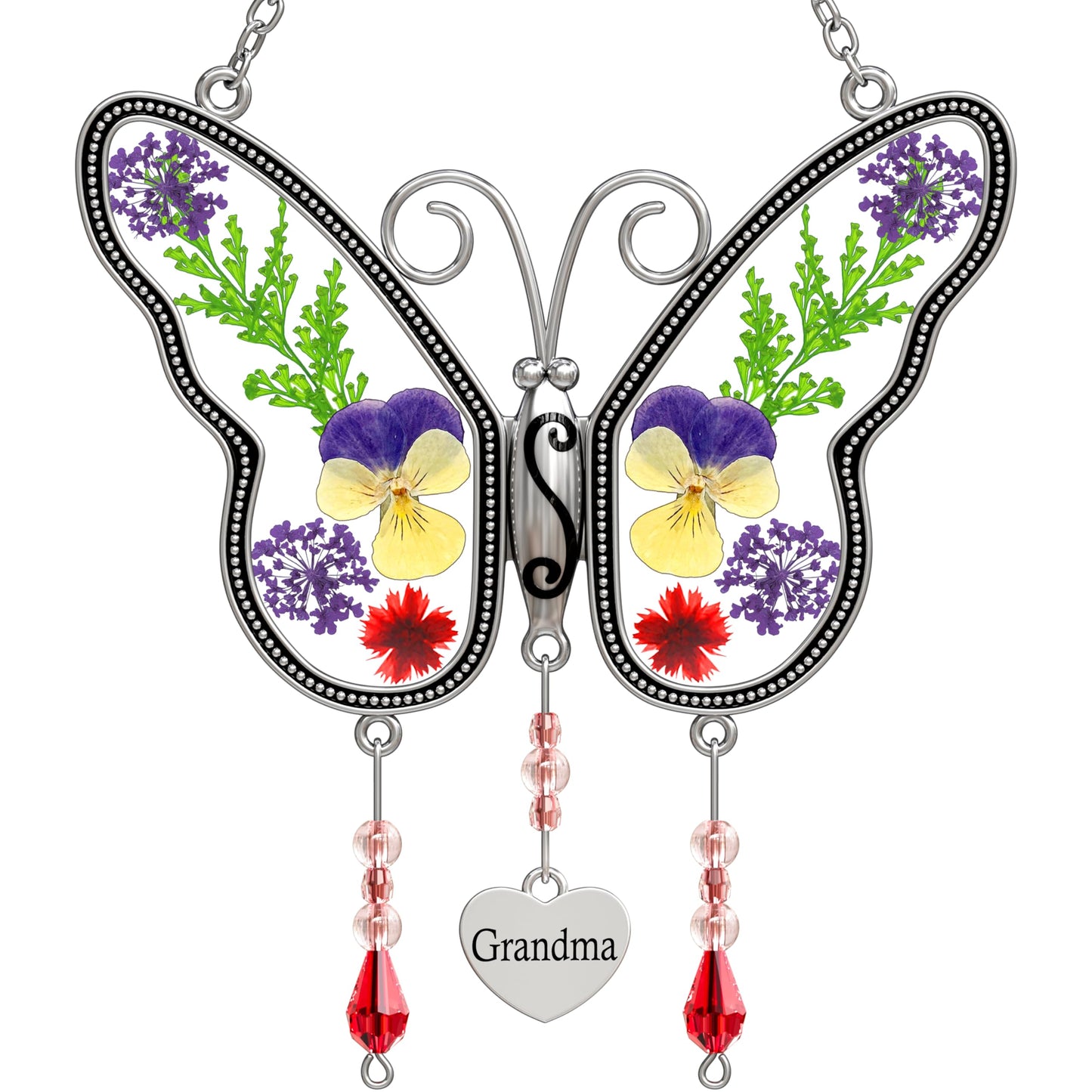 KUNDGLA Butterfly Suncatcher Grandma Stained Glass Sun Catcher for Windows Hangings Ornament with Pressed Real Flower Wings in Glass and Metal Heart Charm Birthday Gift for Women Mothers Day Christmas