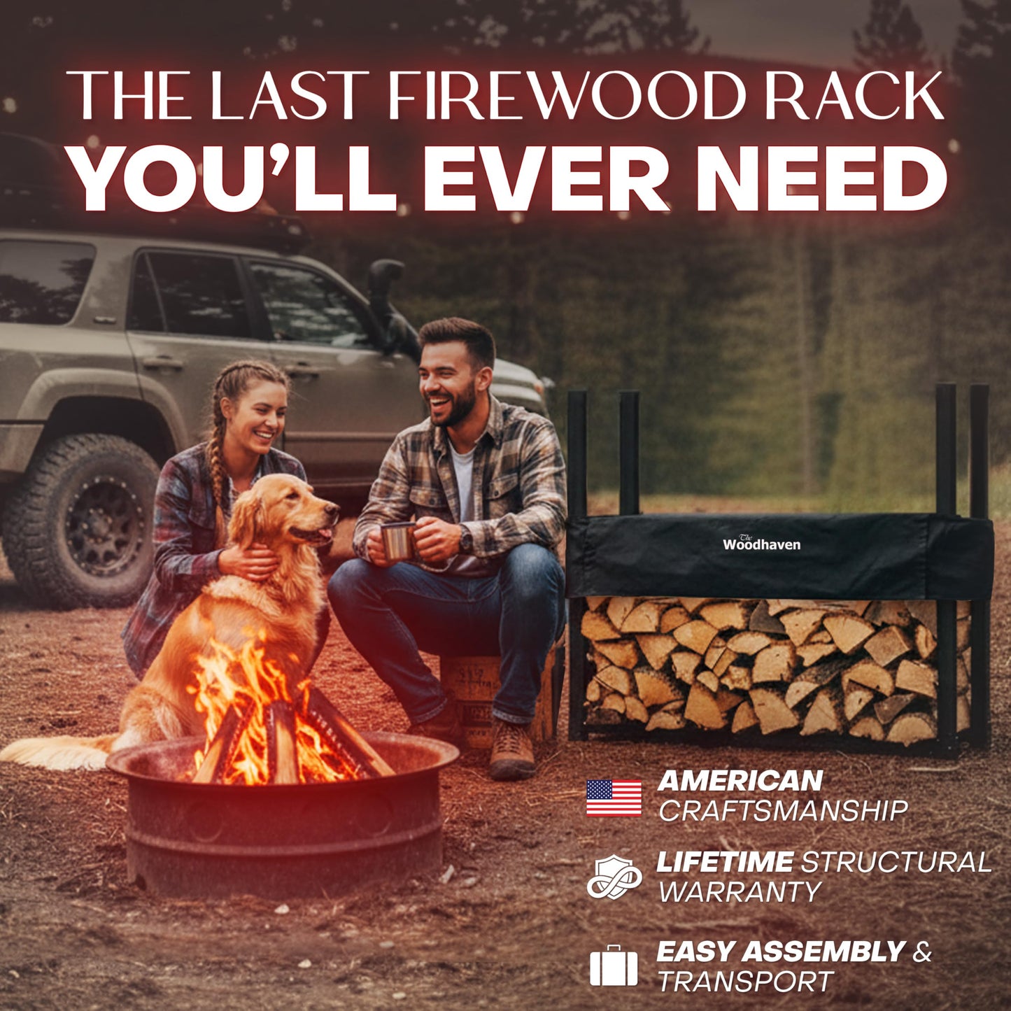 Woodhaven Black 4 Foot - Heavy Duty Made In USA - Indoor Outdoor - 1/4 Cord Firewood Storage Log Rack With Seasoning Cover Combo Set - Metal Log Storage - 48” x 48”