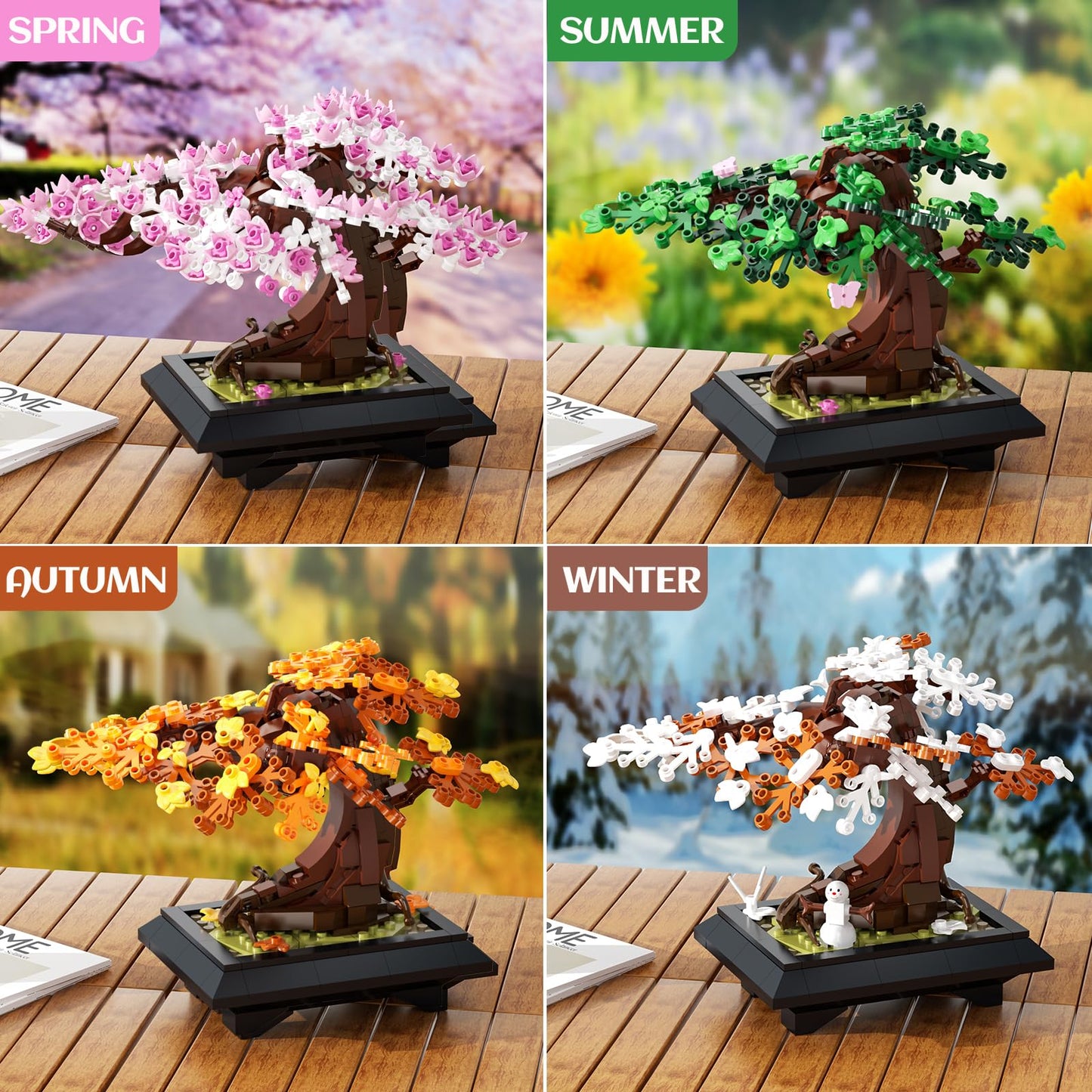 Taojiyuan Bonsai Tree Building Set, 4 in 1 Four Seasons Bonsai Tree Building Toy, Plant Collection Home Decoration Building Blocks DIY Adult Creative Gifts for Kids