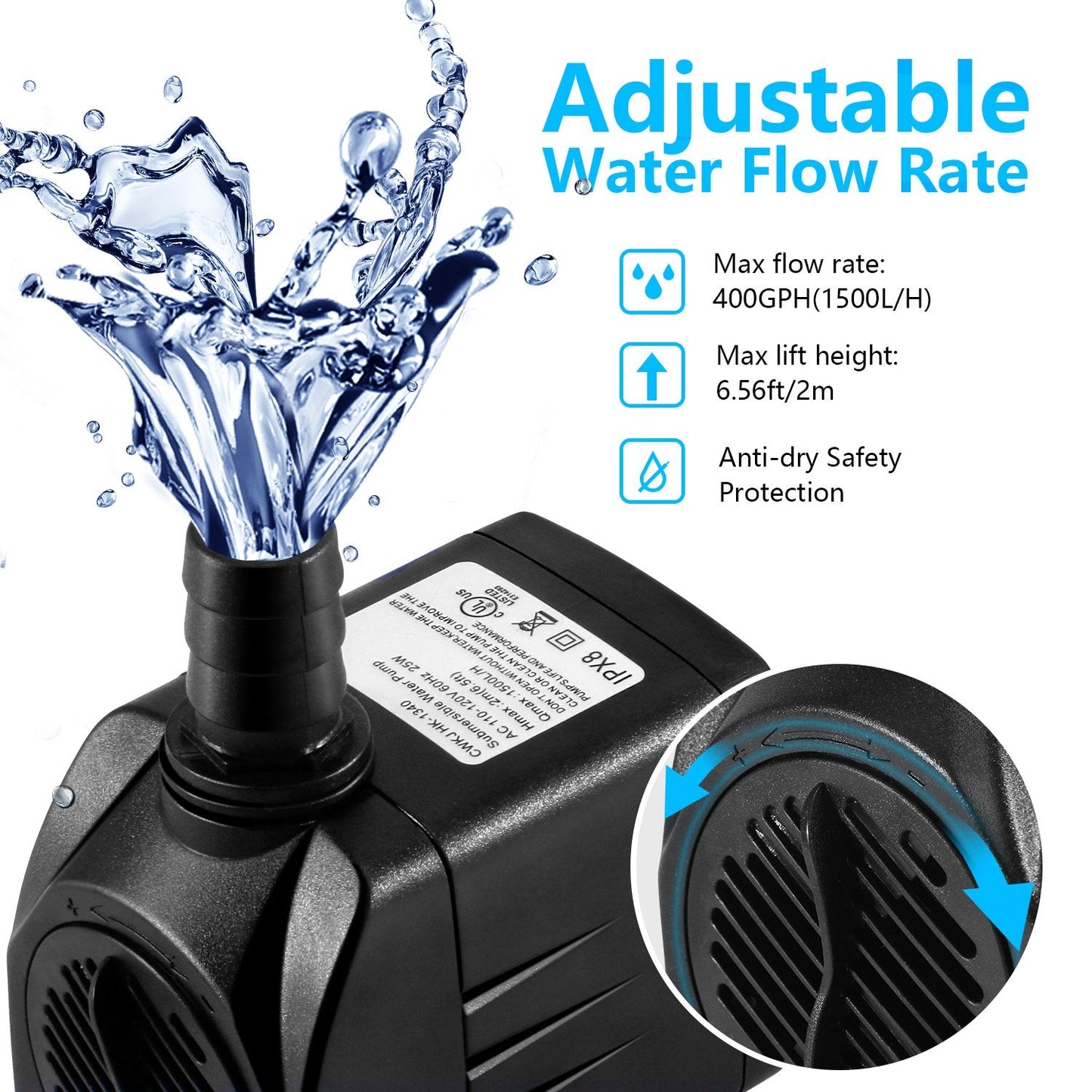 CWKJ Fountain Pump, 400GPH(25W 1500L/H) Submersible Water Durable Outdoor Pump with 6.5ft Tubing (ID x 1/2-Inch), 3 Nozzles for Aquarium, Pond, Fish Tank, Hydroponics