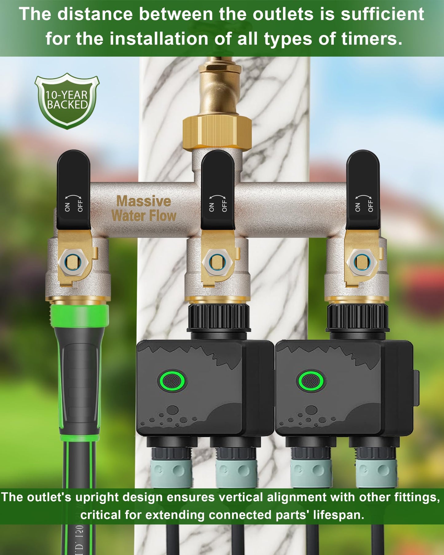 3 Way Hose Splitter Heavy Duty, Garden Hose Splitter with 3 Long Handle, Full Flow Brass Nickel Plated Water Hose T Spigot Splitter Adapter Connector, 3/4 - Inch GHT Thread (Black)