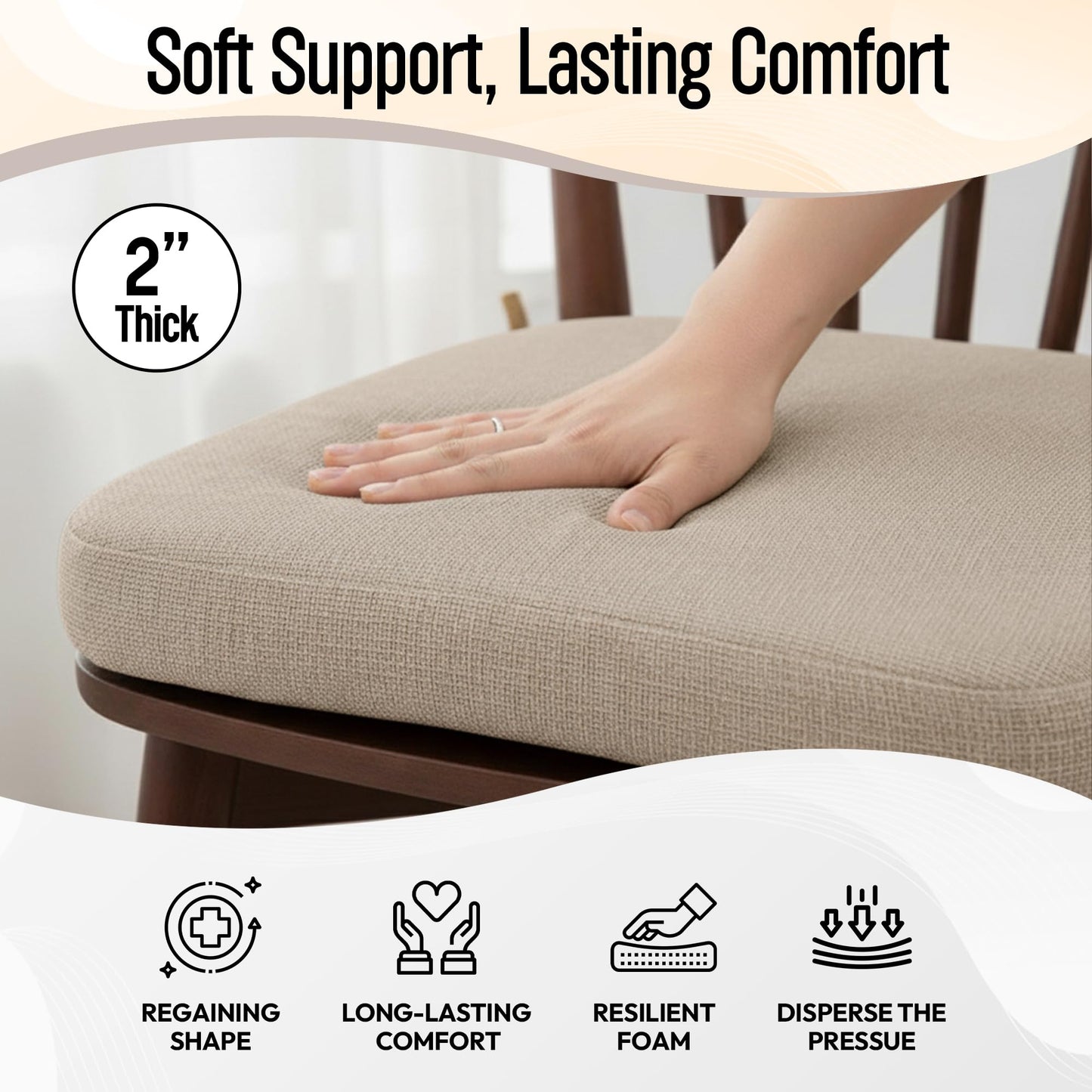KVENLAND CO Chair Cushions for Dining Chairs - 17" x 16" x 2" D-Shaped Indoor Seat Cushions - Non Slip Chair Pads with Removable Ties and Washable Cover Set of 4 - Chair Leg Pads Included - Beige