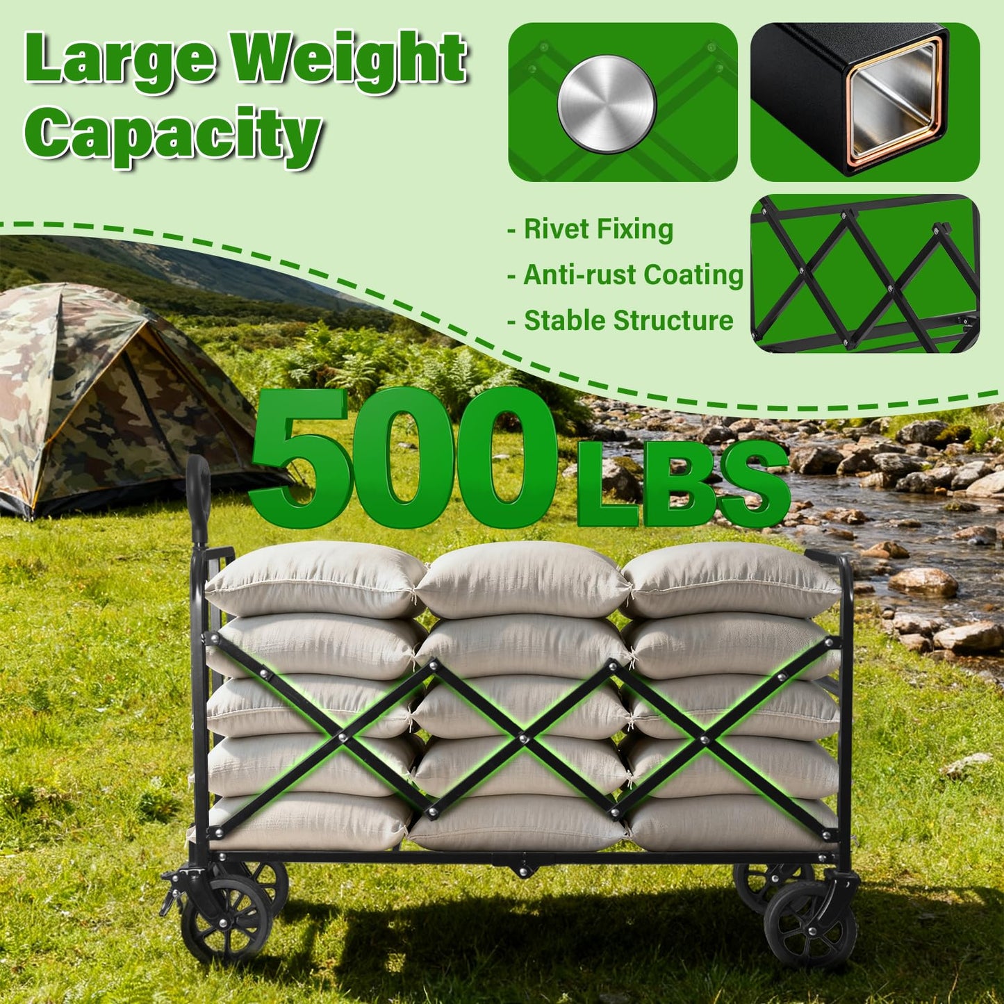 Wagon Cart Foldable,500Lbs Collapsible Wagon Cart with Wheels Portable, All Terrain Outdoor Utility Carts for Groceries, Camping, Sports, Garden, Shopping, Black