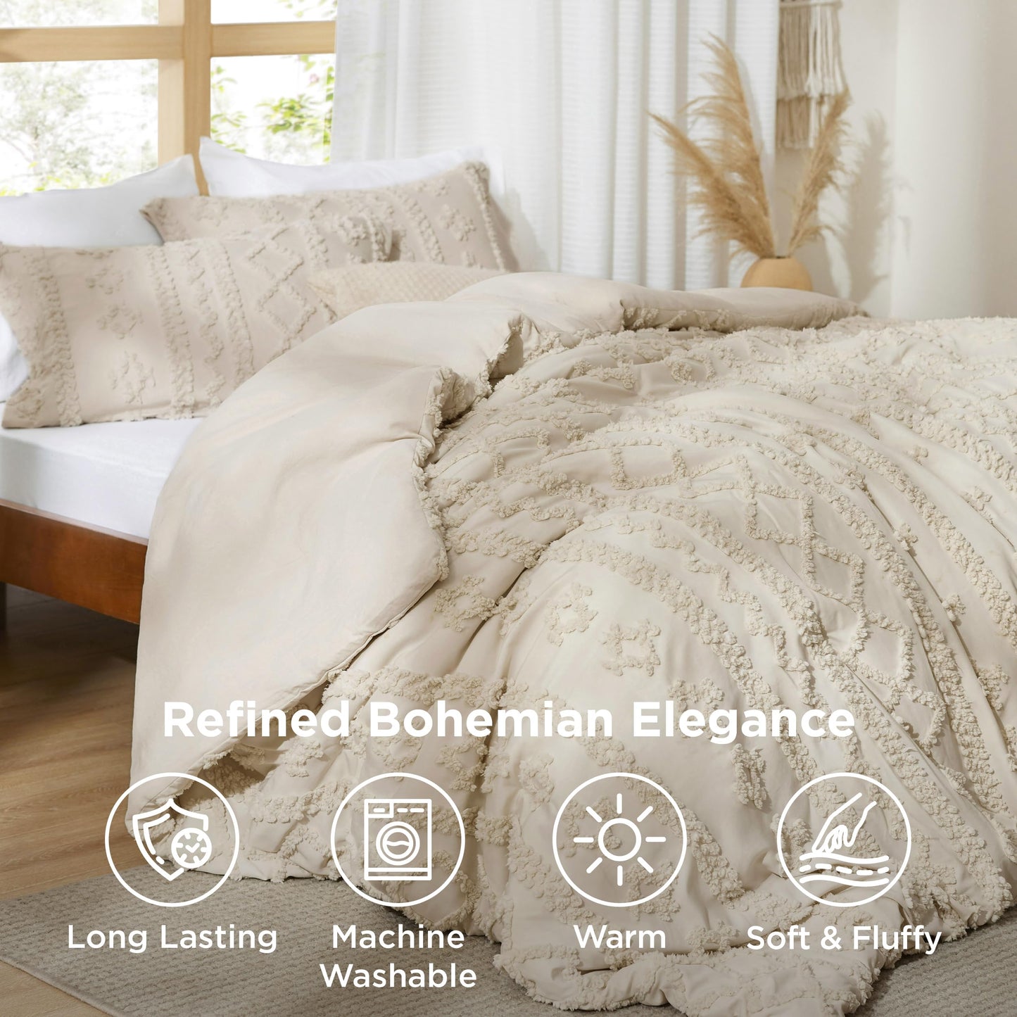 Bedsure Tufted Boho Comforter Set Queen Size - Beige Boho Bed Set, GentleSoft™ 3 Pieces Farmhouse-Style Embroidery Bedding, Gifts for Woman, Soft Jacquard Queen Comforter for All Seasons