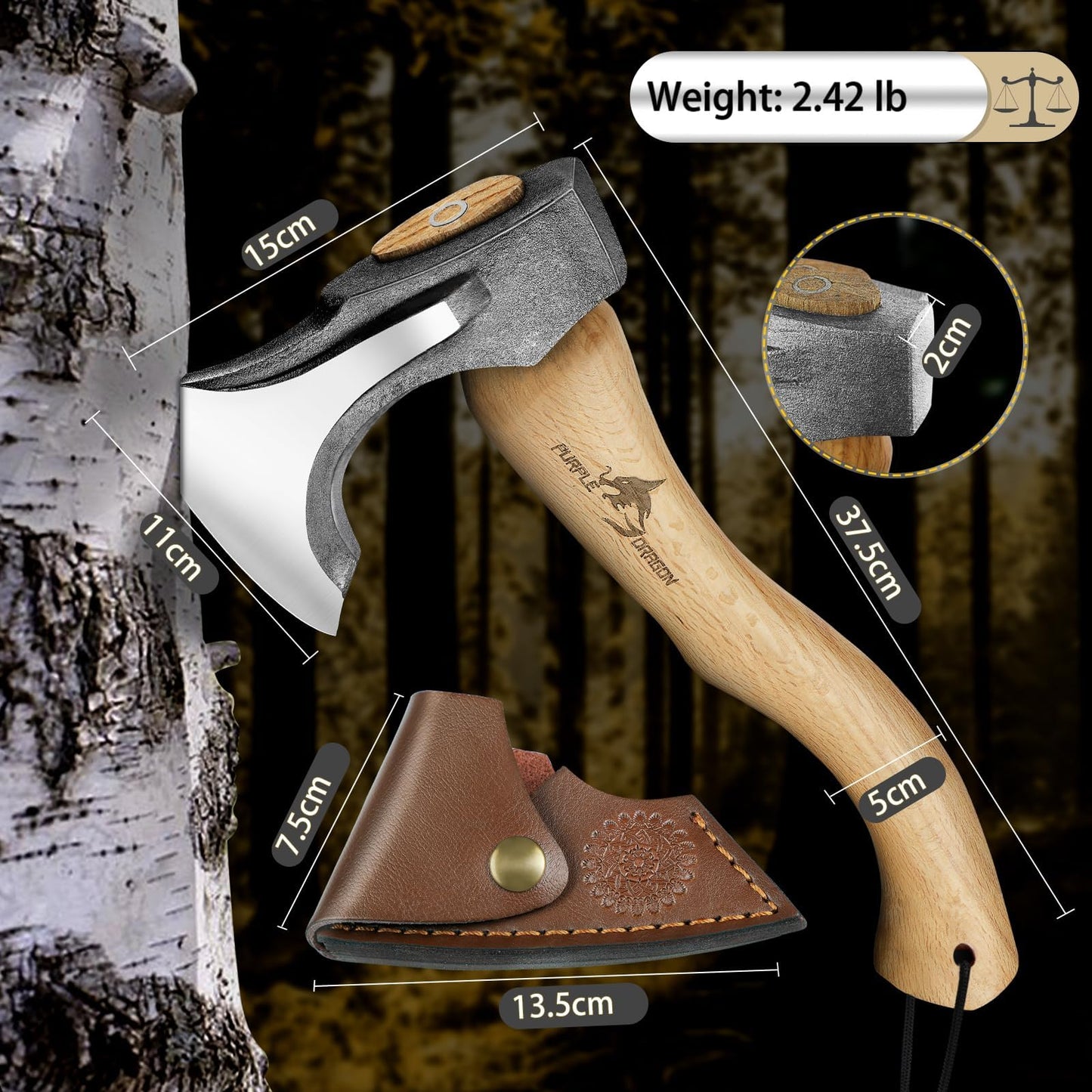 Purple Dragon Camping Hatchet 14.7 Inch Hand Forged Splitting Axe - Outdoor Wood Splitting Chopping & Carving Tool with Leather Sheath Bushcraft Survival Wooden for Men and Women