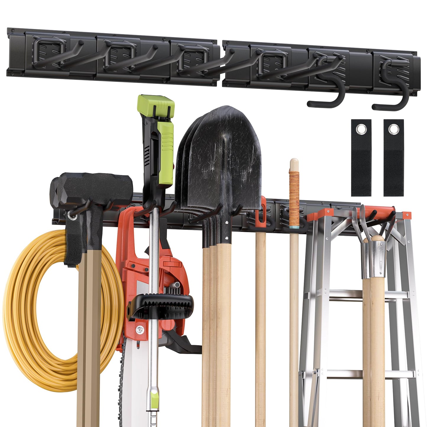 Garden Tool Organizer Wall Mount, 32 inches Tool Storage Rack with Adjustable Hooks, 600lbs Adjustable Heavy Duty Metal Hooks, Yard Shed Rack Holder System Hanging Rake Broom Mop Snowboard, Men Gift