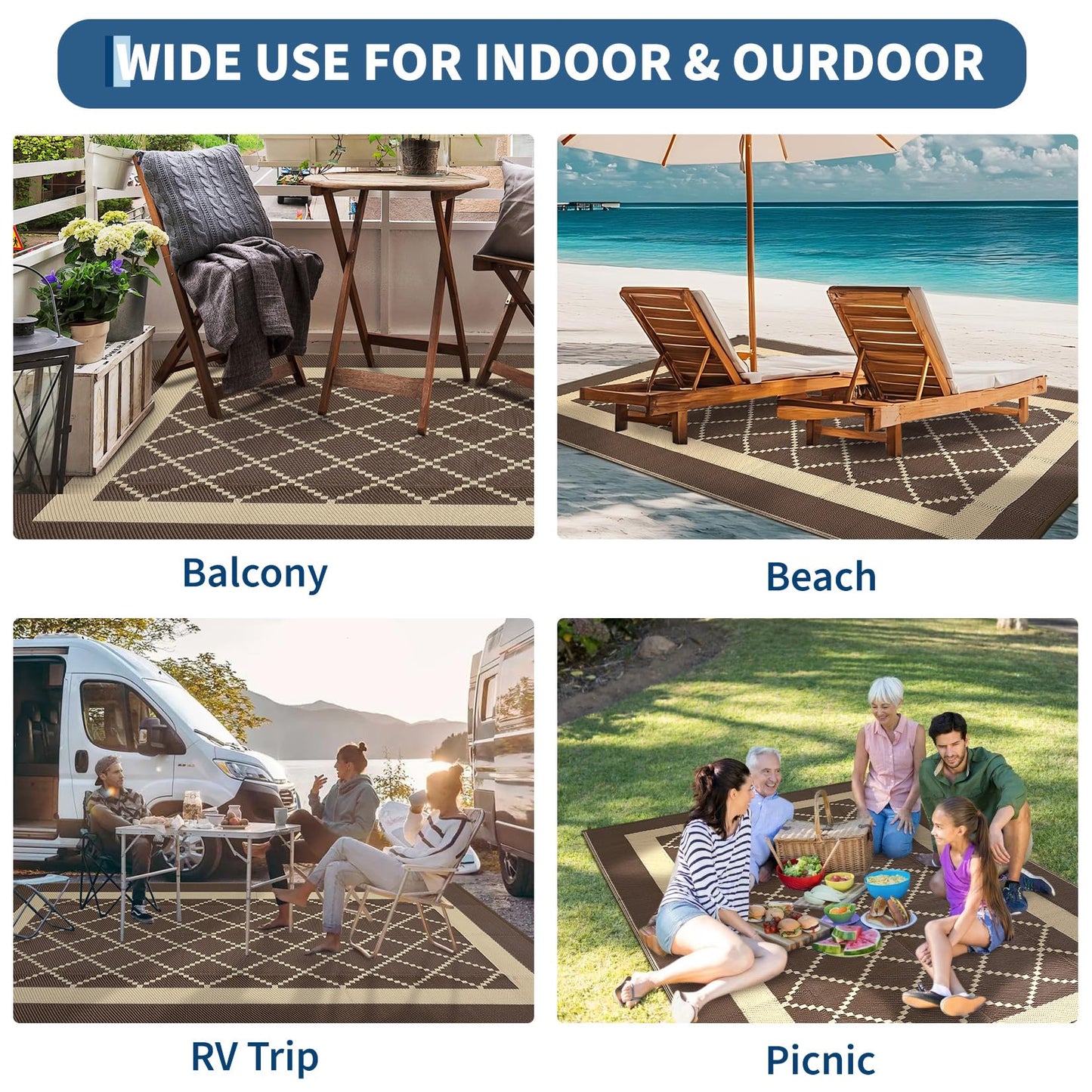 IDEALHOUSE Outdoor Rug, 320GSM PP Plastic Straw Mat, Modern Cross Grid Pattern, Waterproof Breathable Floor Mat, Lightweight Foldable Carpet for Patio Camping RV Backyard, Russet Brown, 9x18ft