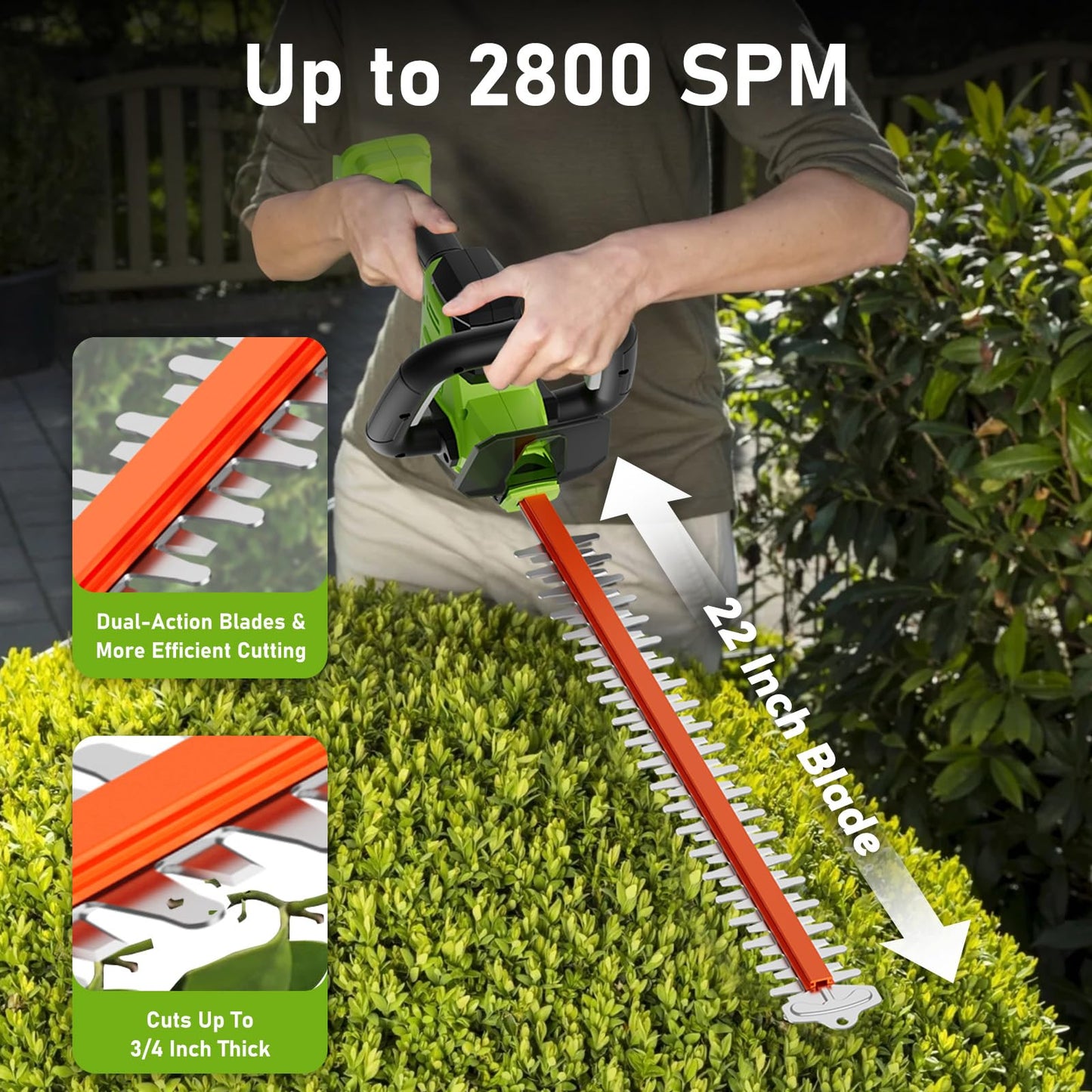 SUNCHERS 20V Max Hedge Trimmer Cordless, 22 Inch Tree Trimmer with 2 Batteries and Charger, Handheld Electric Trimmers, Grass Shrub Pruning Cutter, Lightweight & Compact Hedge Shear for Garden, Lawn