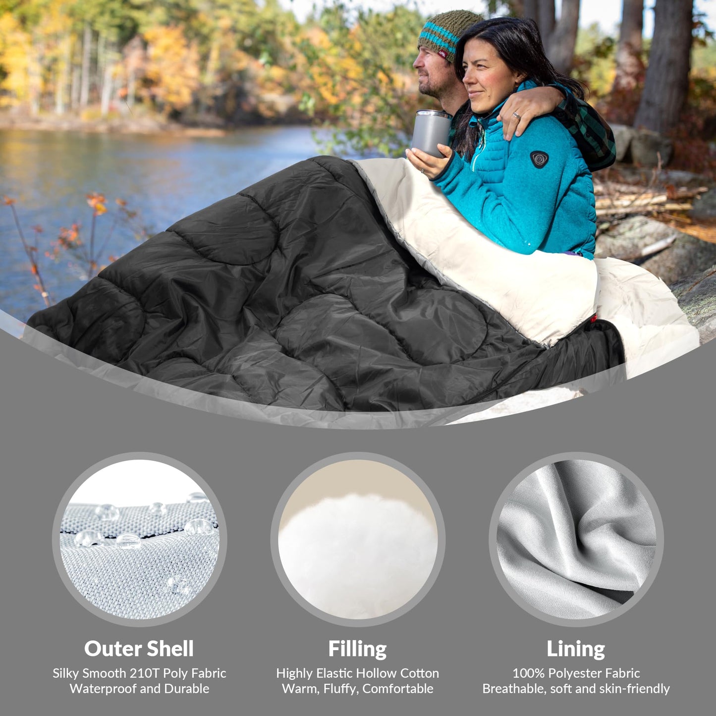 Elevon Double Sleeping Bag with 2 Pillows for Adults, Black