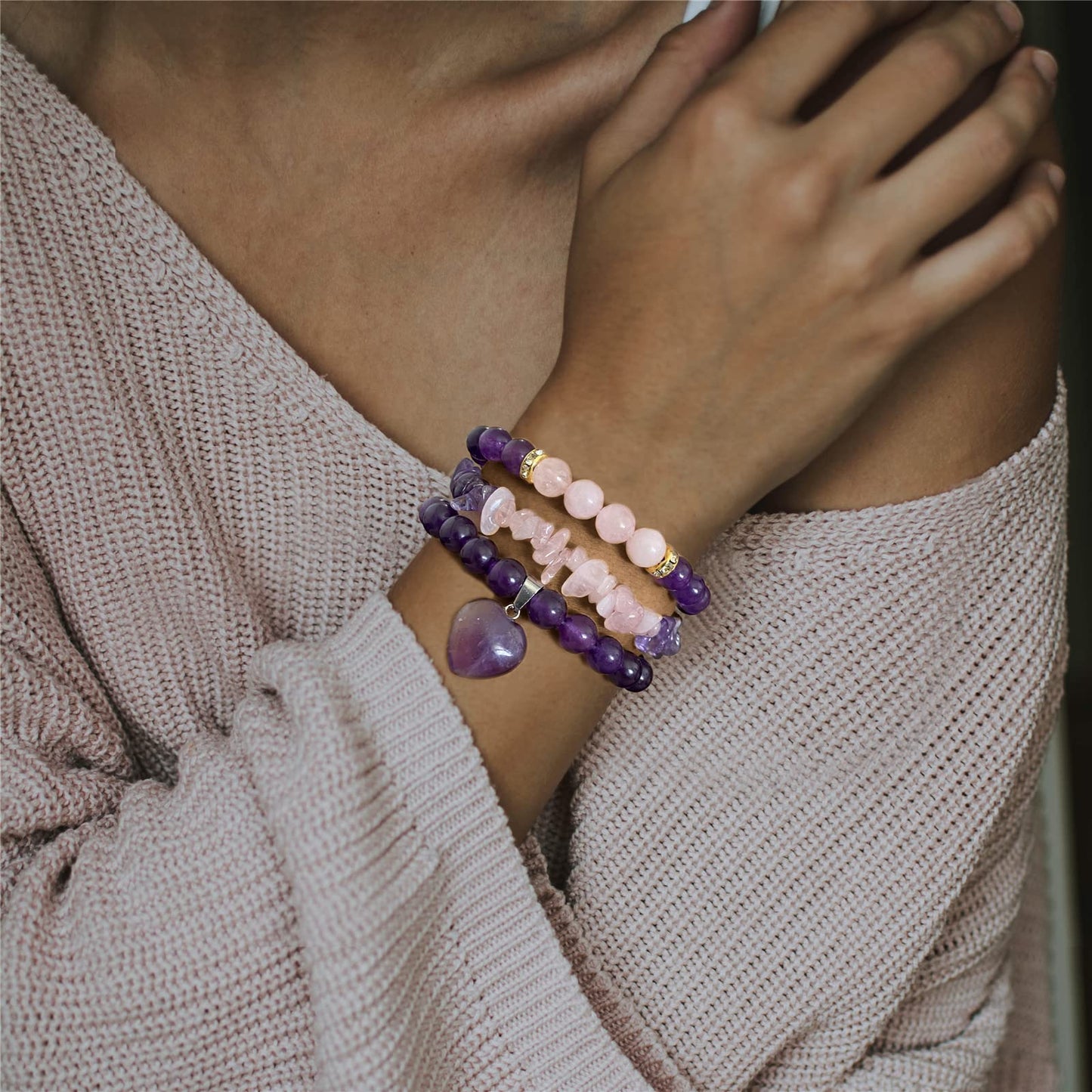 Vinswet Healing Crystal Beaded Bracelets for Women,Natural Amethyst Rose Quartz Gemstones Bracelet,Anxiety Stress Relief Heart Charm Bracelet Handmade purple Jewelry Gifts for Women (3pcs)
