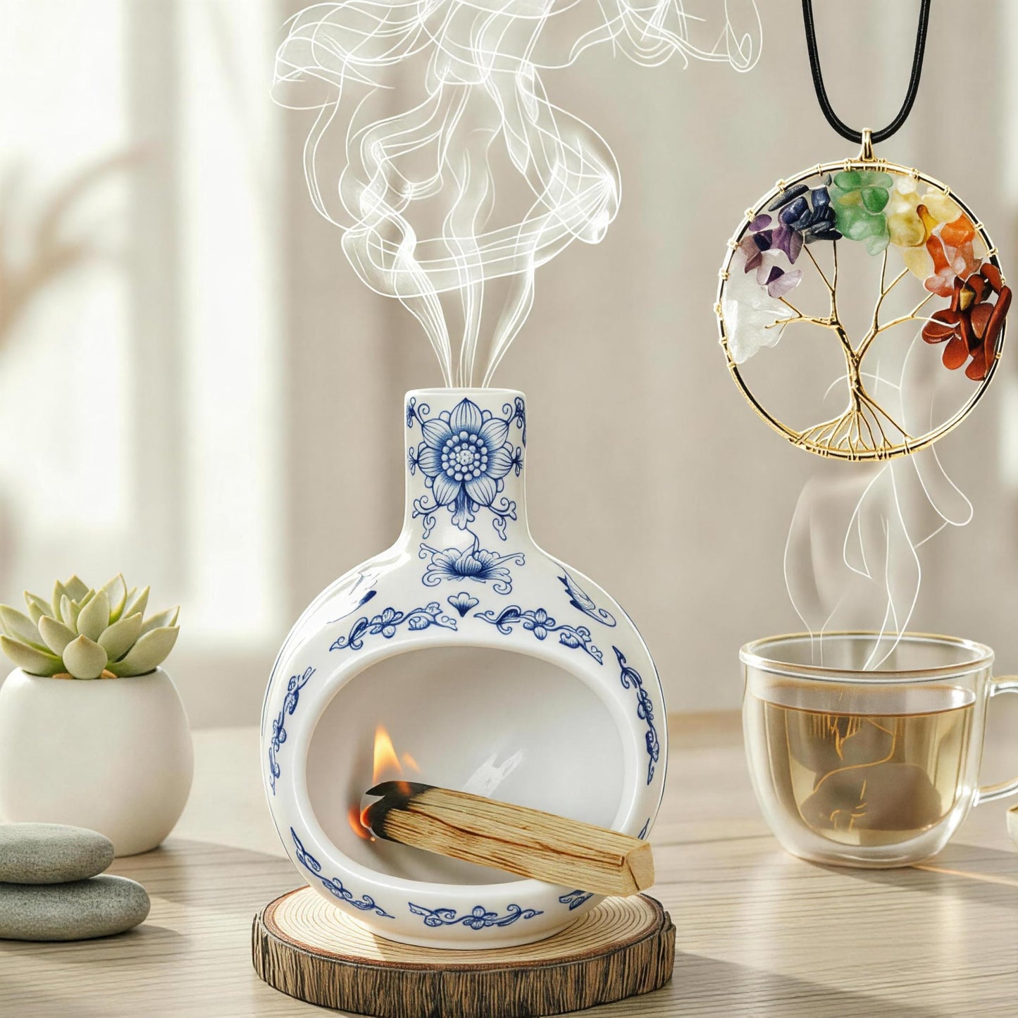 Youmtool Blue and White Porcelain Palo Santo Holder & Ceramic Incense Burner, Handcrafted Mini Chimney with Tree of Life 7 Chakra Stones Pendant, Ash Catcher for Sage & Cones, Yoga Meditation Gift Set
