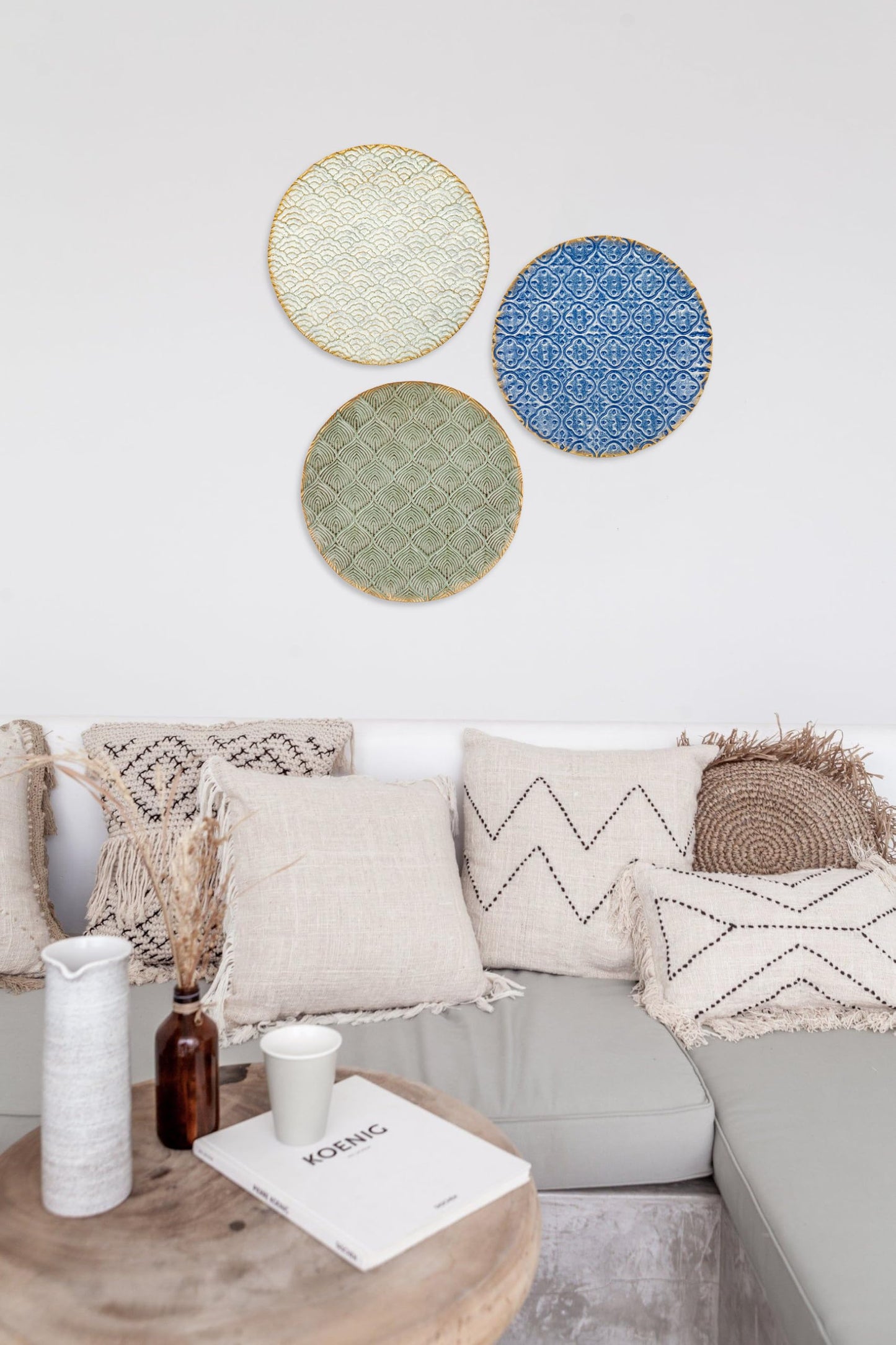 Briful 12" Wall Décor Pack of 3 Metal Blue White Washed Starbursts Radial Plate Wall Art Modern Accent Hanging Wall Decorations For Home Office Bedroom Or Living Room Wall Sculptures
