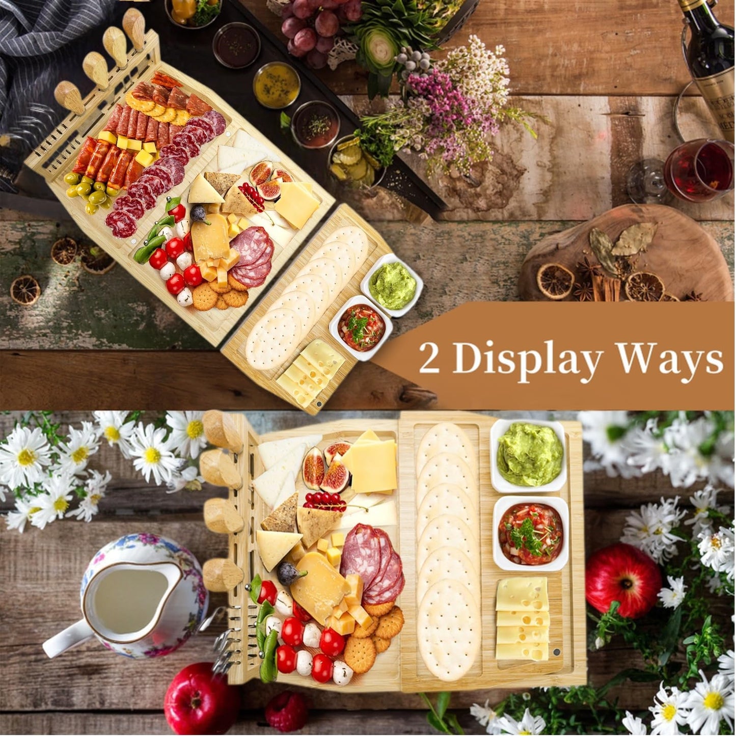 WRINGKIT Charcuterie Cheese Boards Set, Bamboo Cheese Tray Platter with Knife Bowls, Lightweight Meat Cheese Board, Cheese Utensils Included, Unique Wedding for Couple