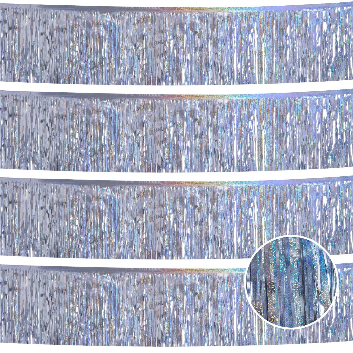 YUKL Laser Silver Streamers Party Decorations 4Pack 48FT Table Skirt Tinsel Garland Metallic Parade Float Decorations Ceiling Backdrop Curtain for Wedding Birthday Party Decoration Halloween Christmas