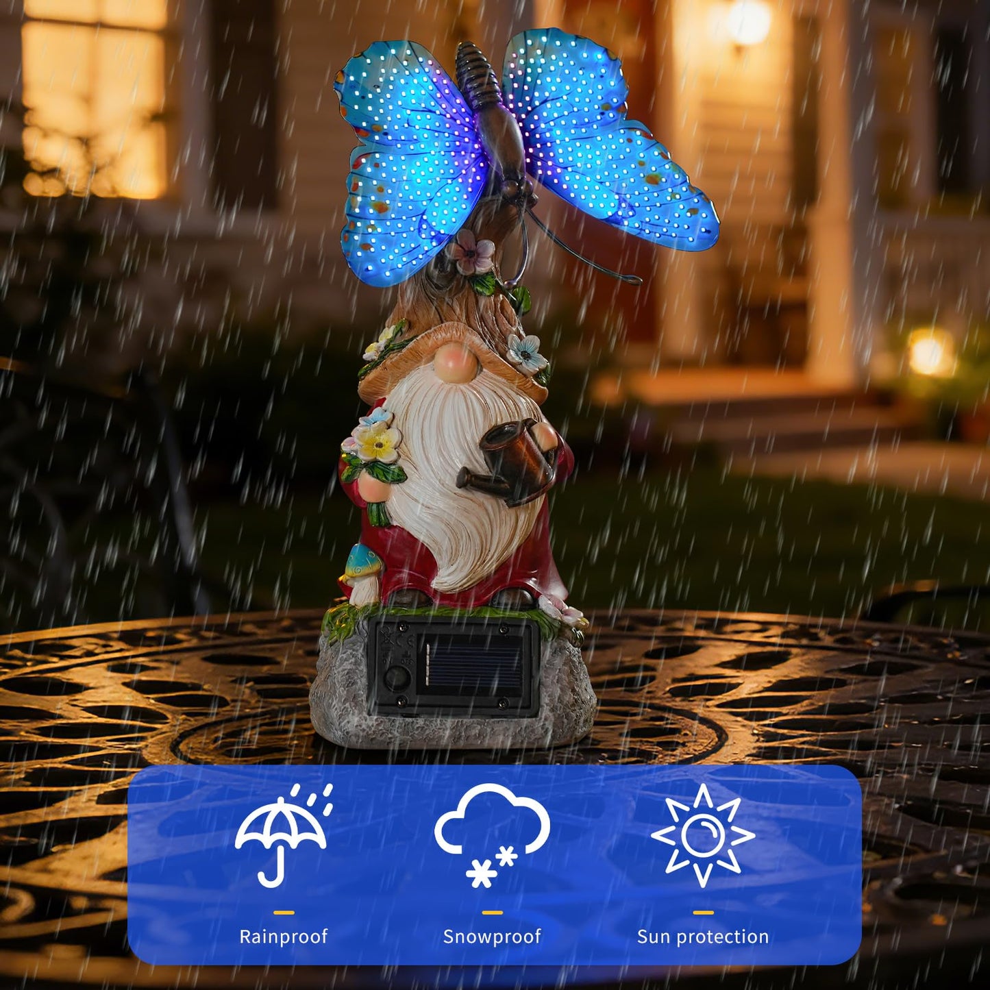 WSgift Garden Gnome Statues Solar-Powered Butterfly Resin Figurine Waterproof Outdoor Decor Mother's Day Blue