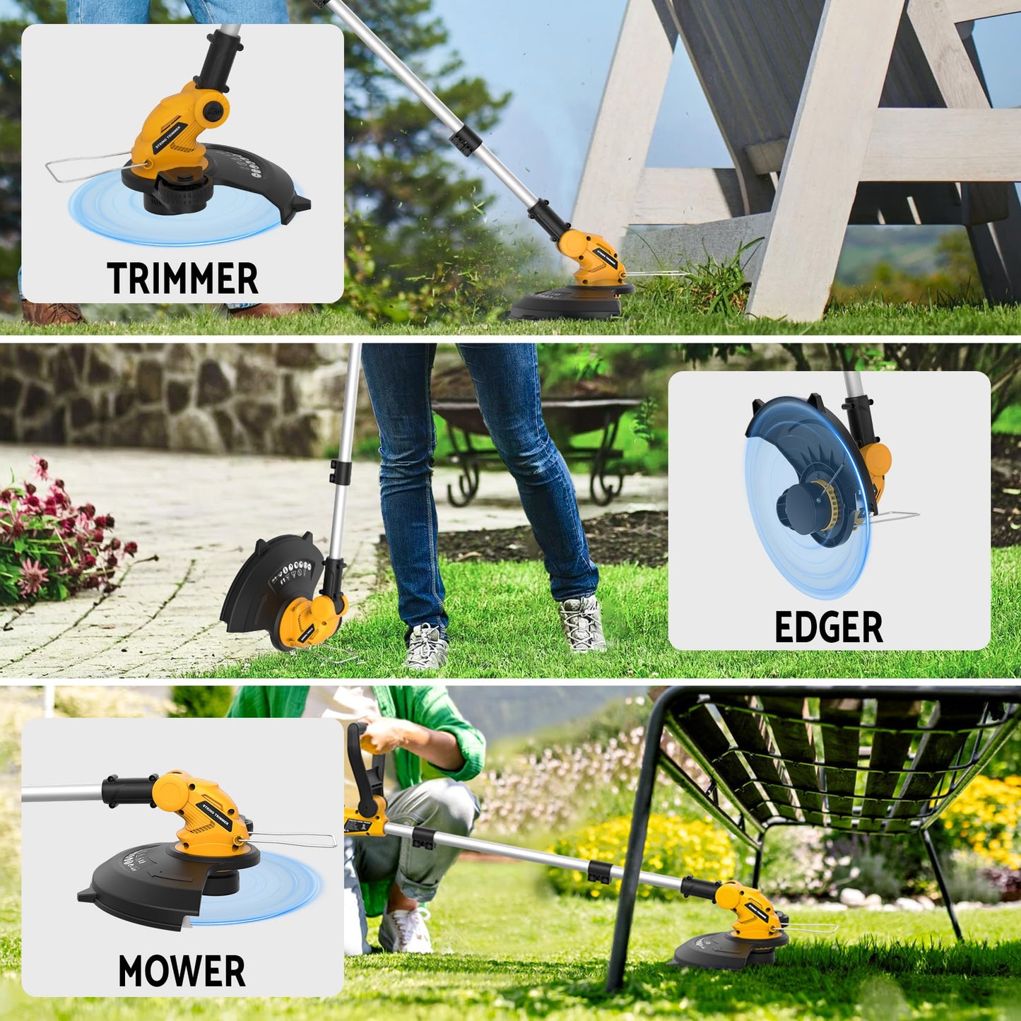 3 in 1 Cordless String Trimmer (No Battery) Compatible with Dewalt 20V Max Battery, 12" Electric Weed Wacker with Auto Line Feed, Foldable Weed Eater/Edger Trimmer/Mower for Yard Garden, Grass Trimmer