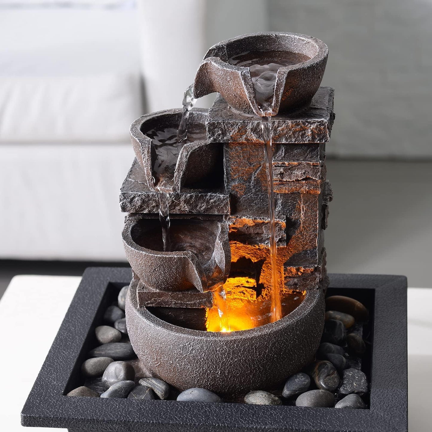 Kalona Décor Desktop Fountain - 10" 4-Tier Design with Imitation Stone, Indoor Waterfall Tabletop River Rocks & Resin Material for Serene Meditation & Relaxation - Ideal for Home & Office Decor