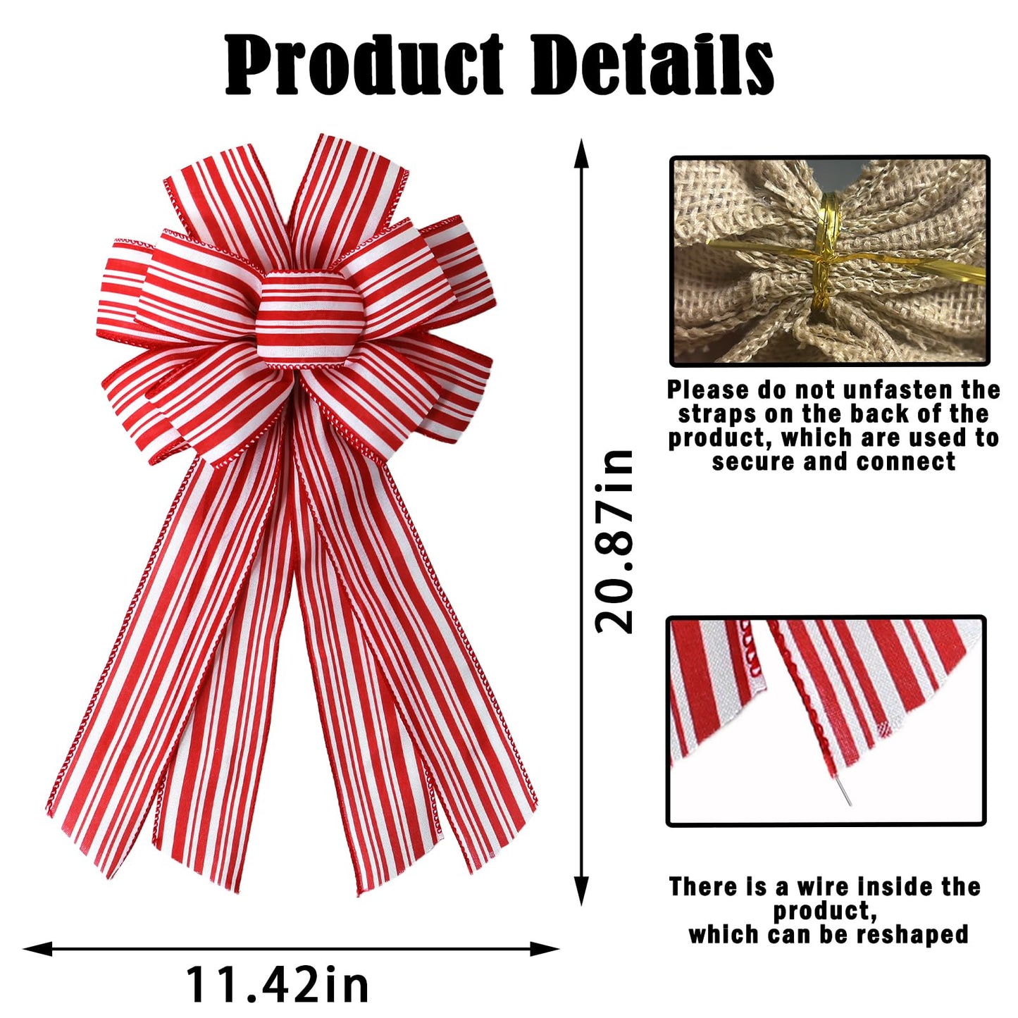 chmacura Fall Red White Stripes Wreath Bows for Front Door, Christmas Burlap Bow Holiday Baby Shower Bows for Wreath Accessories Home Thanksgiving Decorations