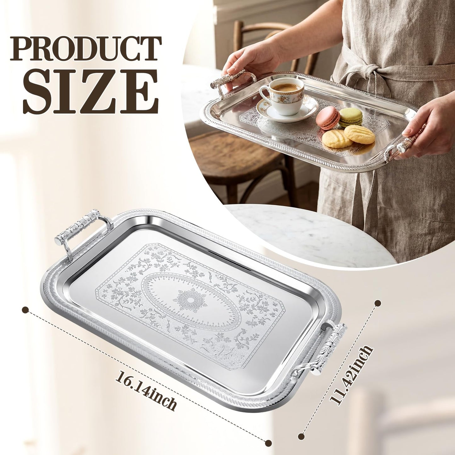 Teecyhooo 4 Pack Stainless Steel Serving Tray with Handle, 16 x 11.4 Inch Large Silver Plate Elegant Floral Metal Platter Tableware for Buffet Wedding Birthday Decorative