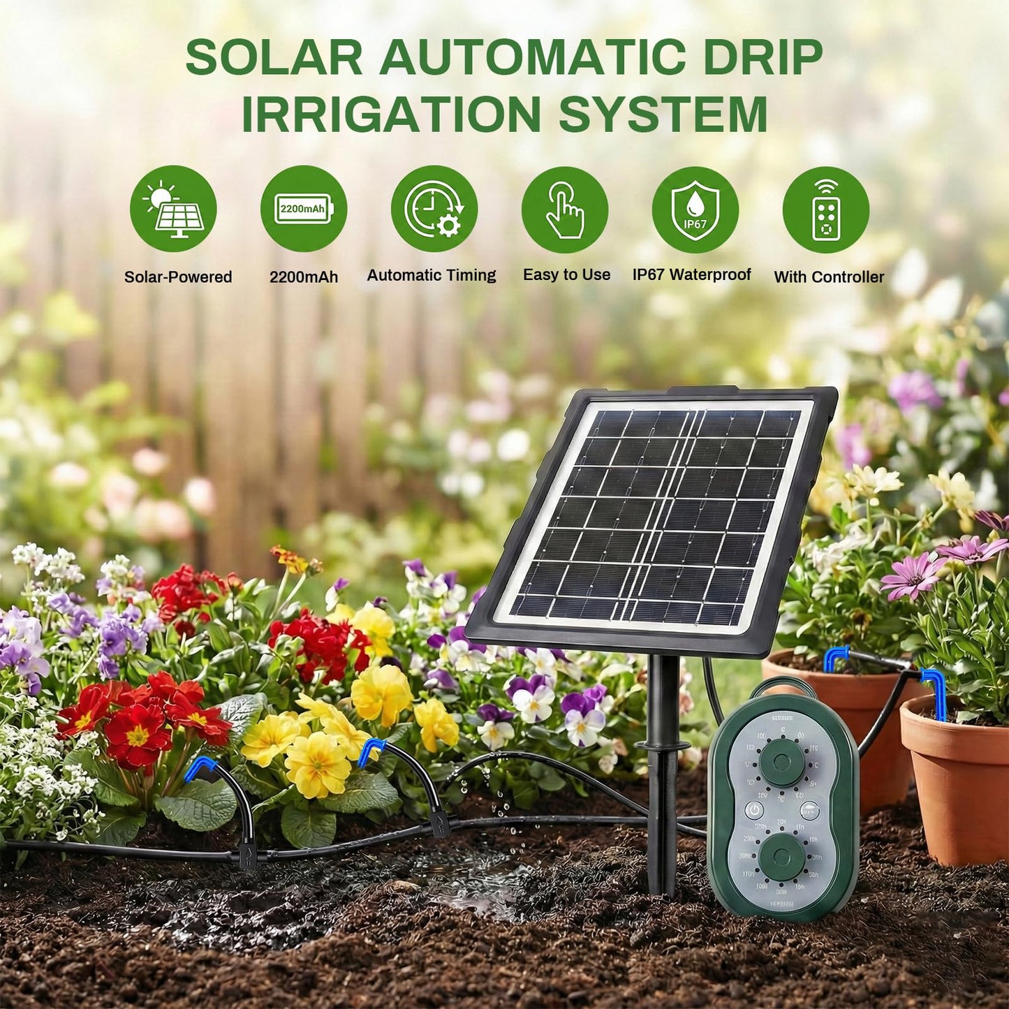 50FT Solar Automatic Drip Irrigation Kit System, Smart Self-Watering System with USB Charging for Outdoor Indoor Use, 2200mAh Automatic Watering System Supports 15 Pots for Garden, Balcony & Patio