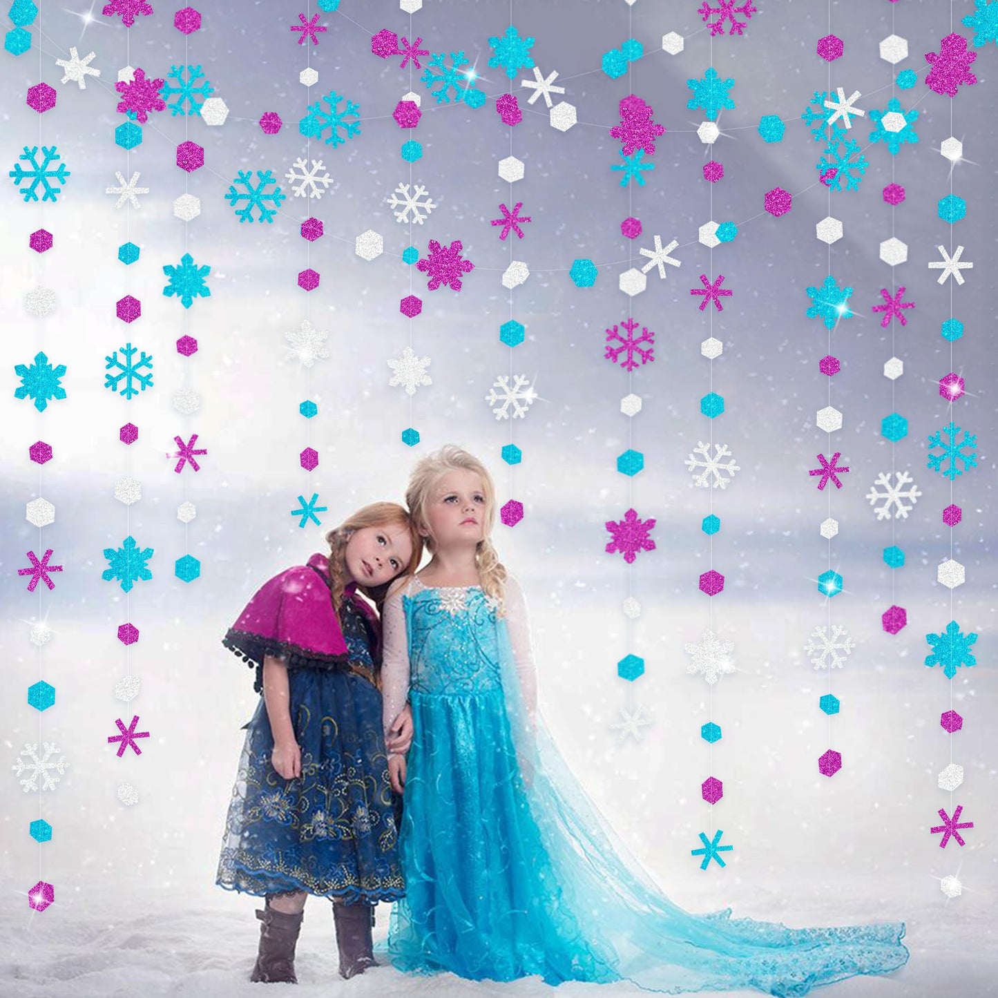 52 Ft Snowflakes Party Decorations Silver Purple Blue Glitter Paper Snowflakes Garland Streamer for Winter Wonderland Christmas Holiday Frozen Birthday Wedding Baby Shower Bridal Shower Party Supplies