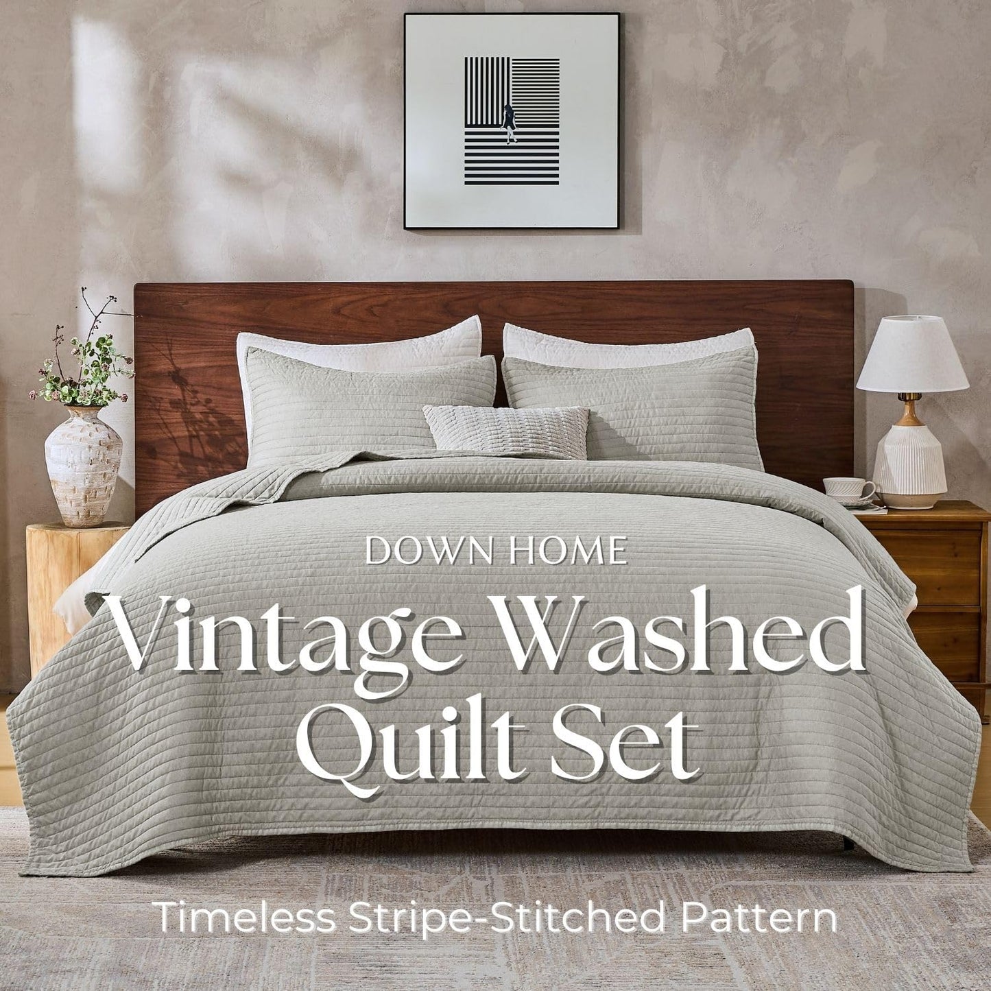 DOWN HOME Queen Quilt Bedding Set with Shams, Vintage Washed Soft Quilted Blanket Thin Comforter Lightweight Bedspread Coverlet Bed Cover, Brushed Microfiber Stripe Stitching, Light Gray, 86"x90"