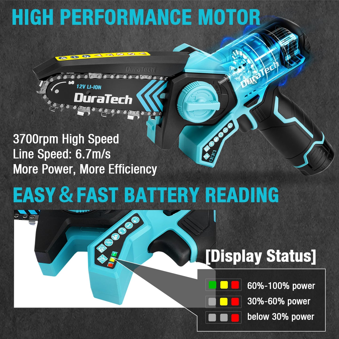 DURATECH 12V Mini Chainsaw, 6 Inch Electric Cordless Chainsaw with 2 Batteries & 2 Chains, One-Hand Operated Portable Wood Saw for Garden Tree Branch Pruning, Wood Cutting