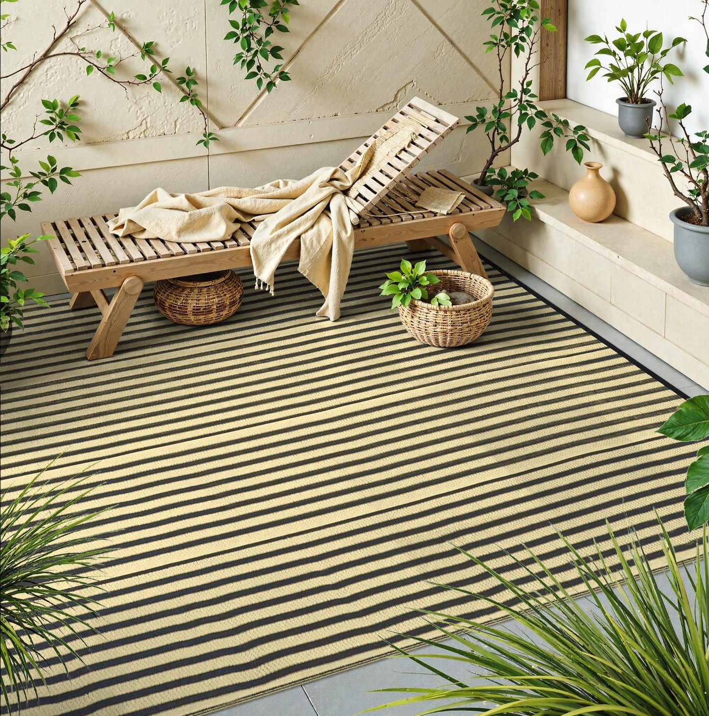 LEEVAN Waterproof Outdoor Rug 8x10 Black and Brown Patio Rug Clearance Large Plastic Straw Backyard Area Rug Striped Camping Outside Mat for Picnic, RV, Deck, Bench, Balcony