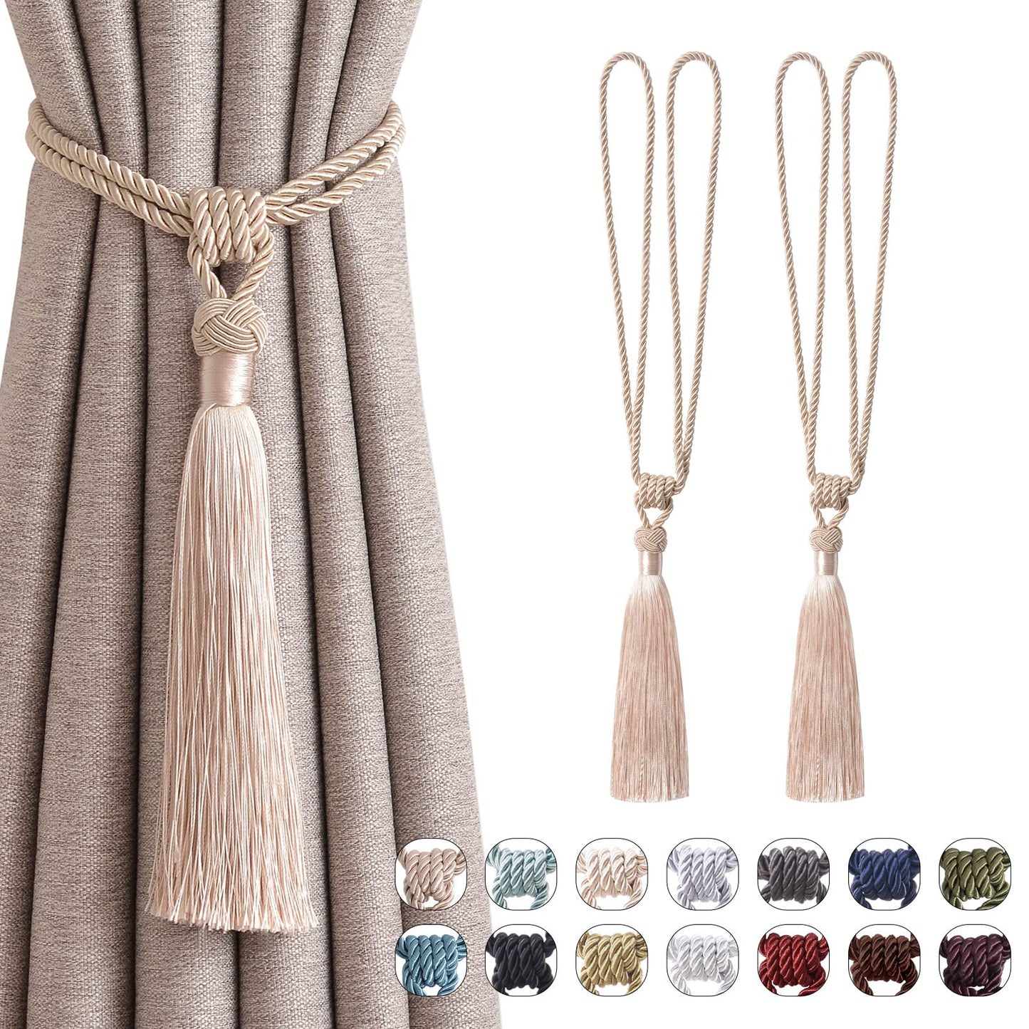 NICEEC 2 Pack Long Tassel Curtain Tiebacks Handmade Braided Rope Knot Drape Tie Backs European Style Decorative Curtain Holdbacks for Home & Office Window Drapery (Dark Beige)