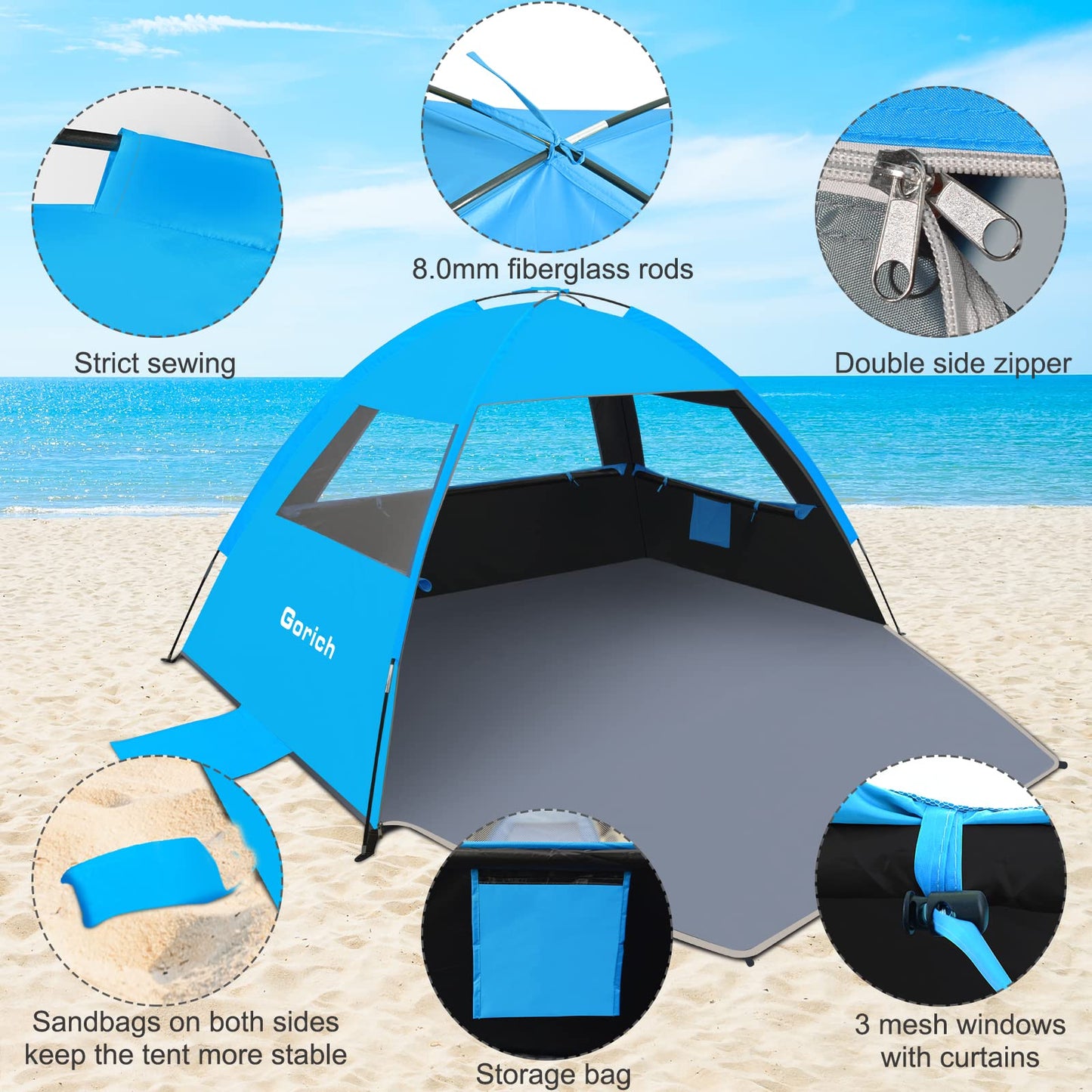 Gorich Beach Tent Sun Shelter for 3/4/6/8/10 Person with UPF 50＋ UV Protection, Lightweight & Easy Setup Beach Shade Canopy, Portable Beach Shade Tent Beach Cabana