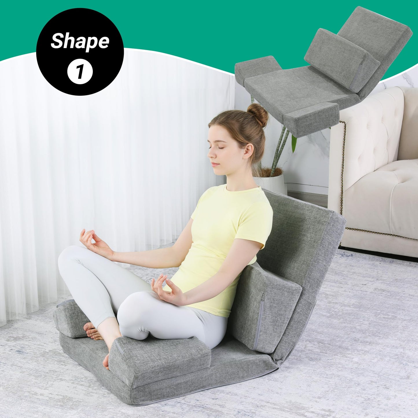 HOMBYS Pro Meditation Cushion Set with Adjustable Back Support, Large 3-in-1 Floor Sitting Chair for Yoga & Meditation, Extra Thick Yoga Pillows for Adults with Knee Support, Grey