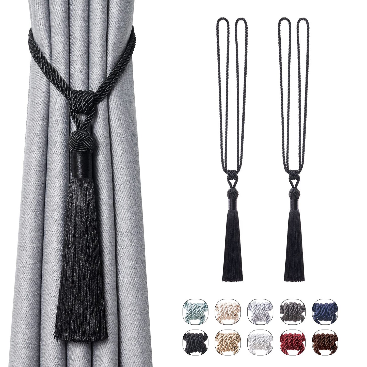 NICEEC 2 Pack Long Tassel Curtain Tiebacks Handmade Braided Rope Knot Drape Tie Backs European Style Decorative Curtain Holdbacks for Home & Office Window Drapery (Black)